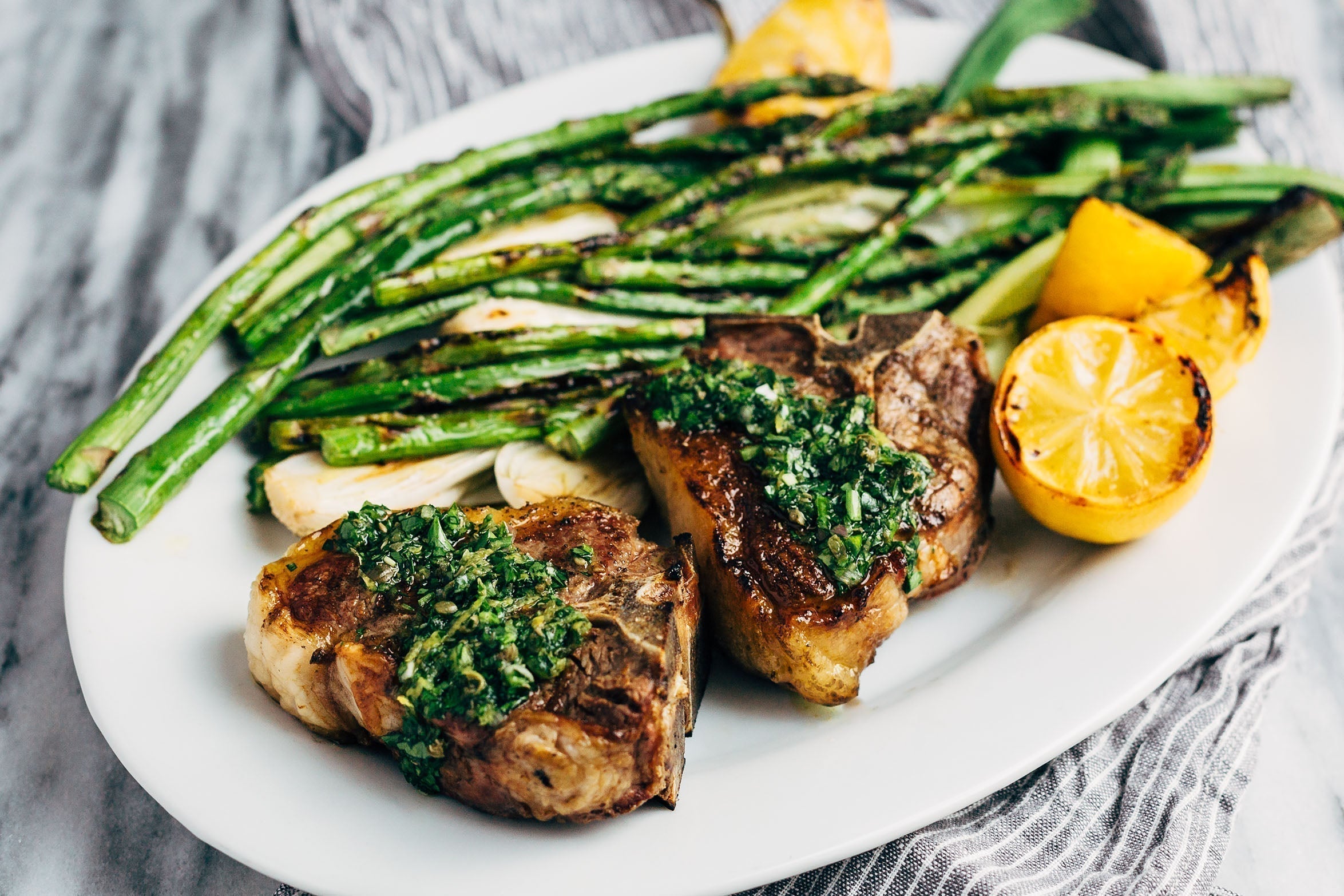 Pan-Seared & Oven-Roasted Lamb Loin Chops with Butter-Herb Asparagus & Chimichurri Sauce