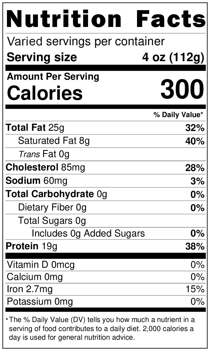 NUTRITIONAL LABEL FOR WHOLE ORVIA DUCK