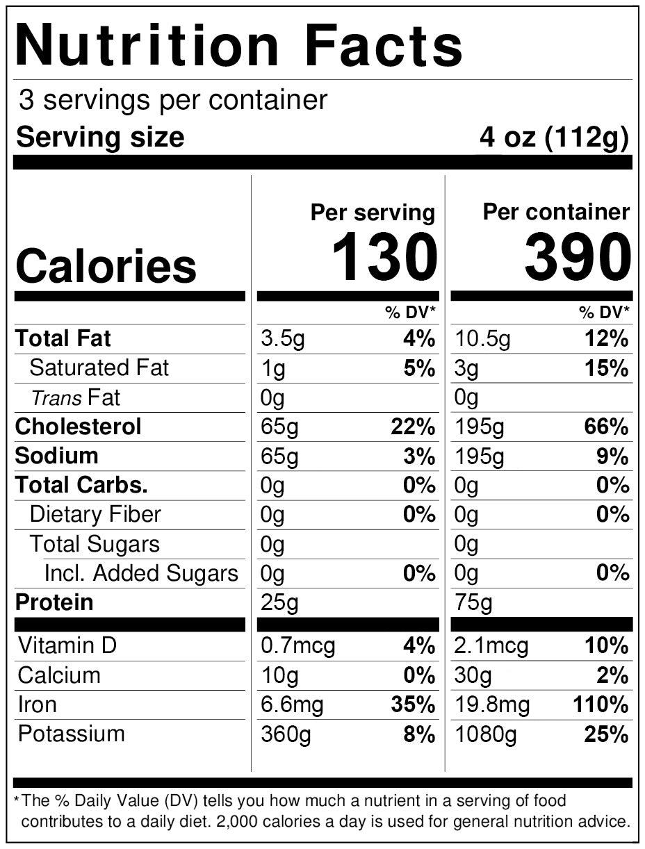 Nutrition facts label for a food product with serving size, calories, and nutritional content per serving and per container.