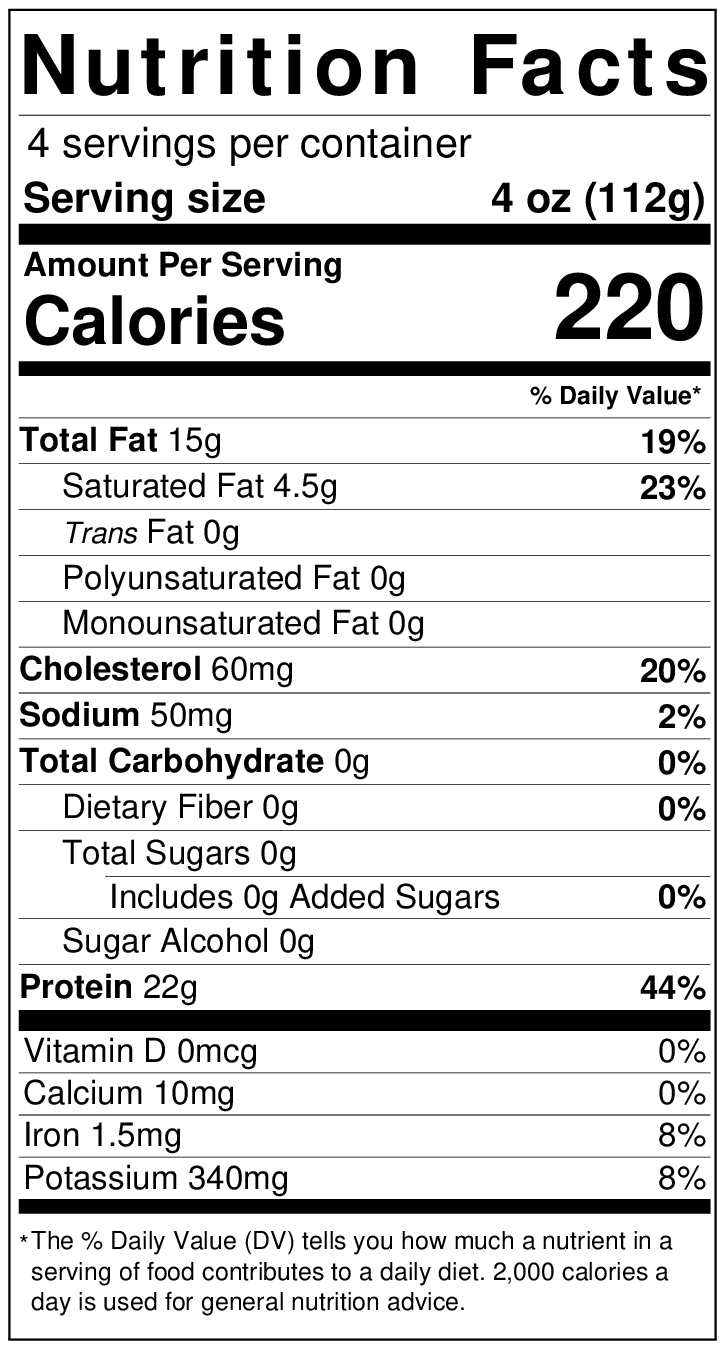Nutrition facts label for a food product with serving size, calories, and nutritional content details.