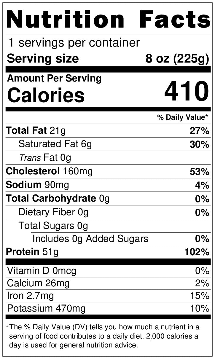 NUTRITIONAL LABEL FOR SMALL MAGRET DUCK BREAST