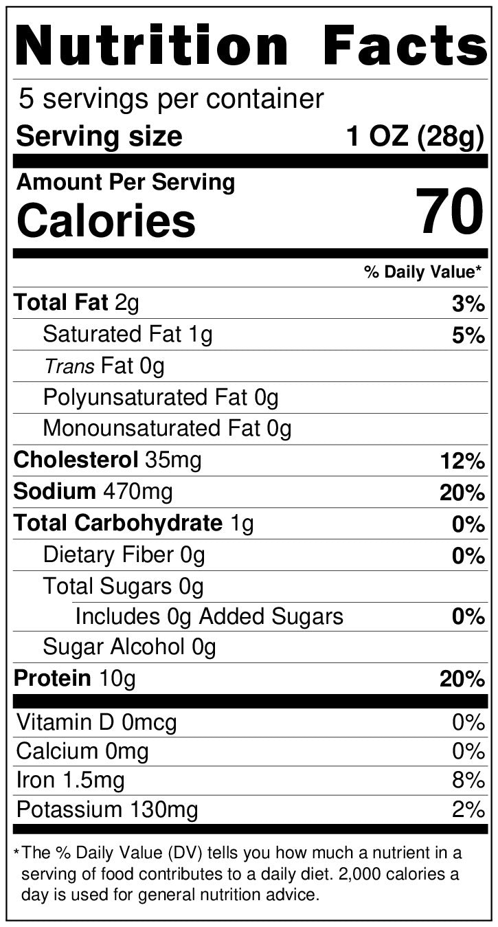 Nutrition facts label for a food product with serving size, calories, and nutritional content.