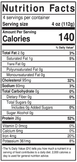 Nutrition facts label for a product with serving size, calories, and nutritional content details.
