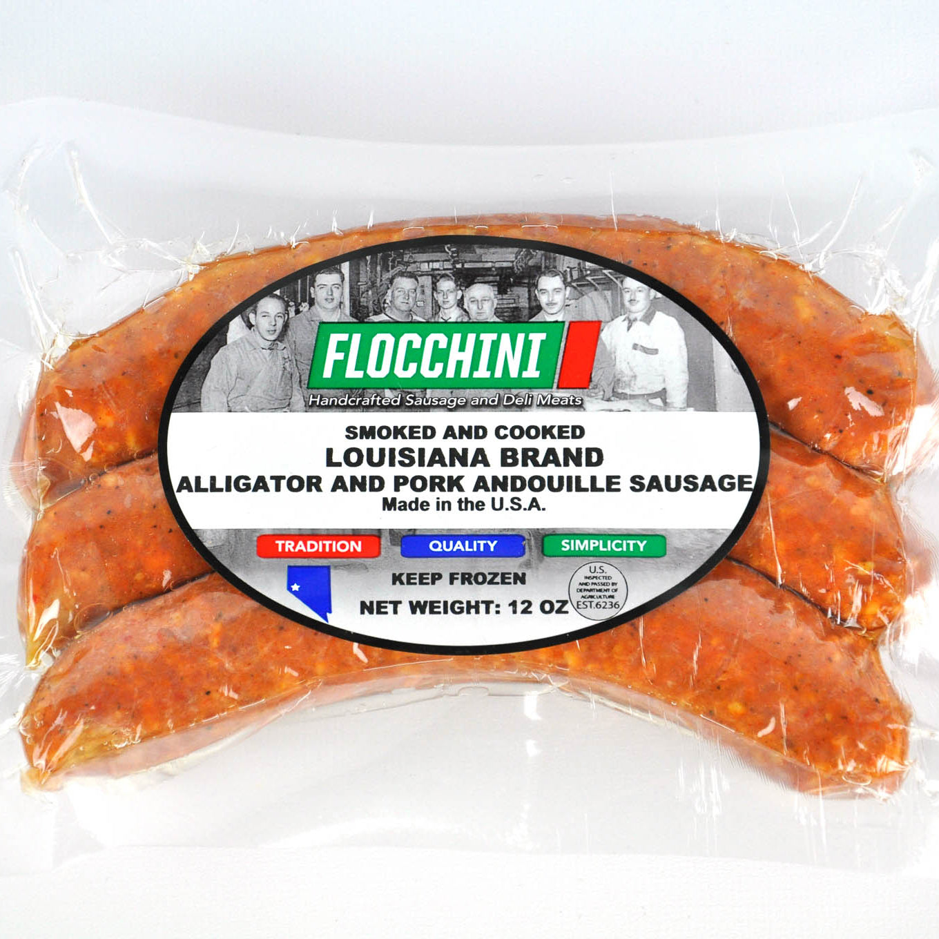 Packaged Flocchini Louisiana Brand alligator and pork andouille sausage with a label on a white background.