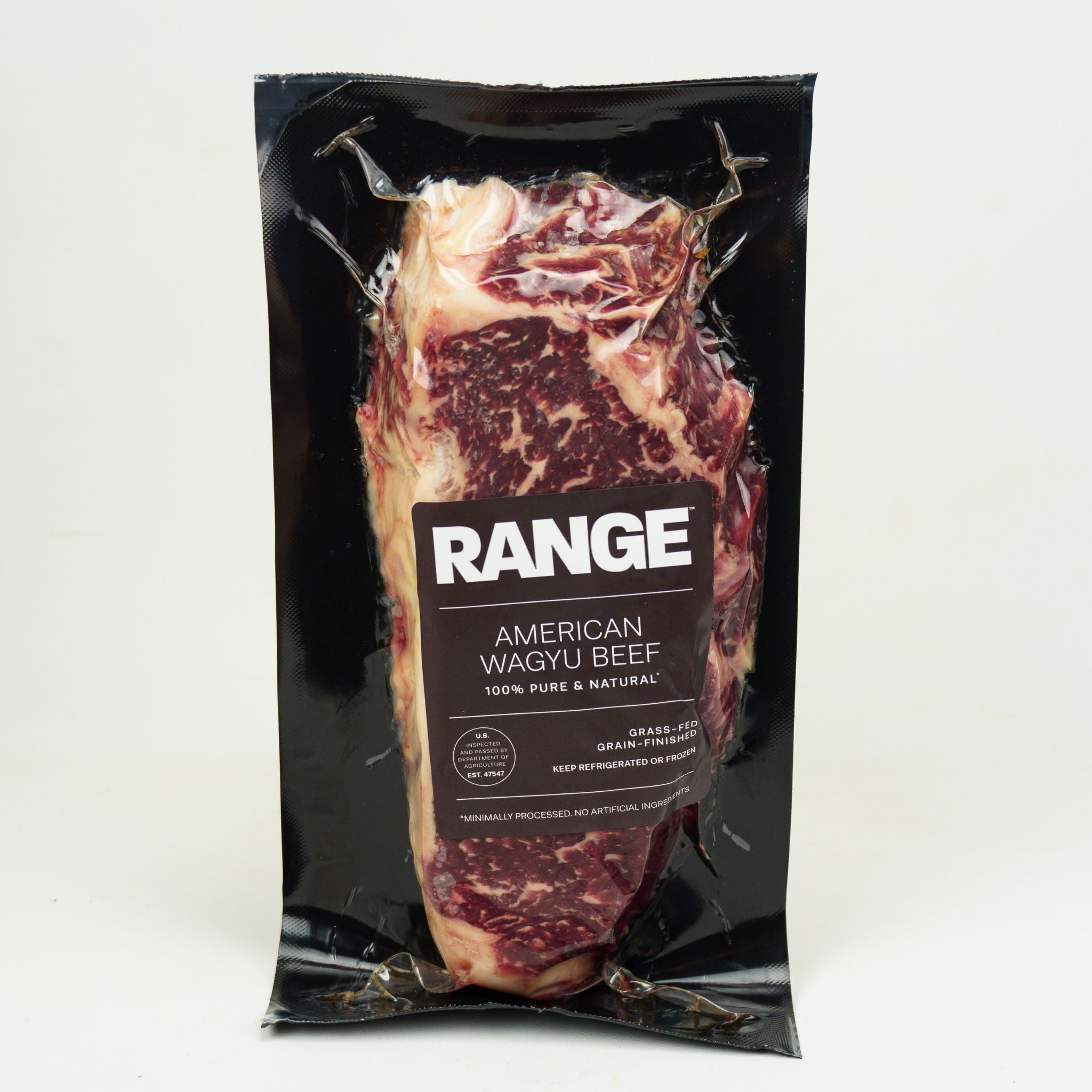 Packaged American Wagyu beef with 'Range' branding on a white background
