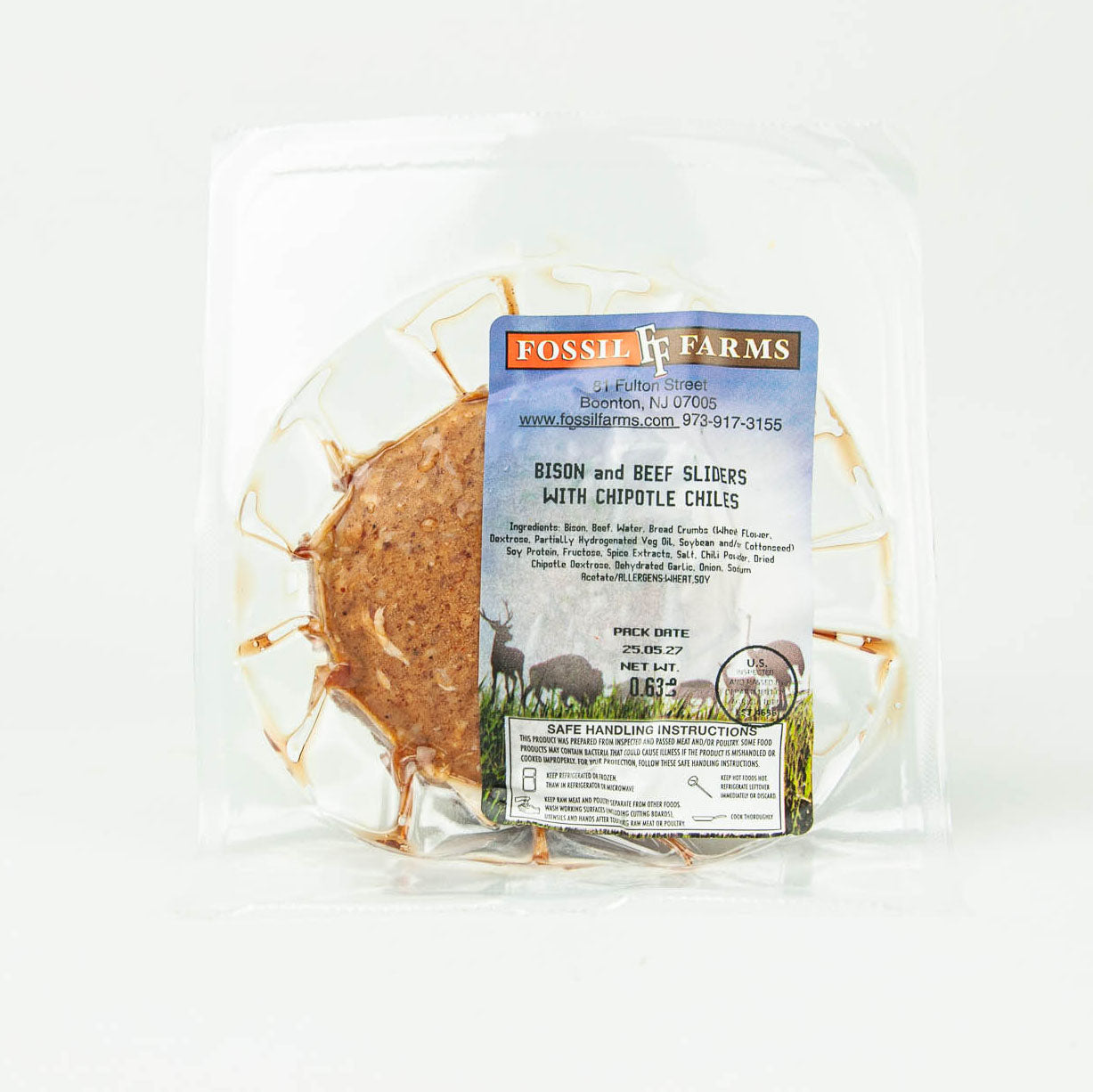 Packaged bison and beef sliders with chile peppers from Fossil Farms on a white background