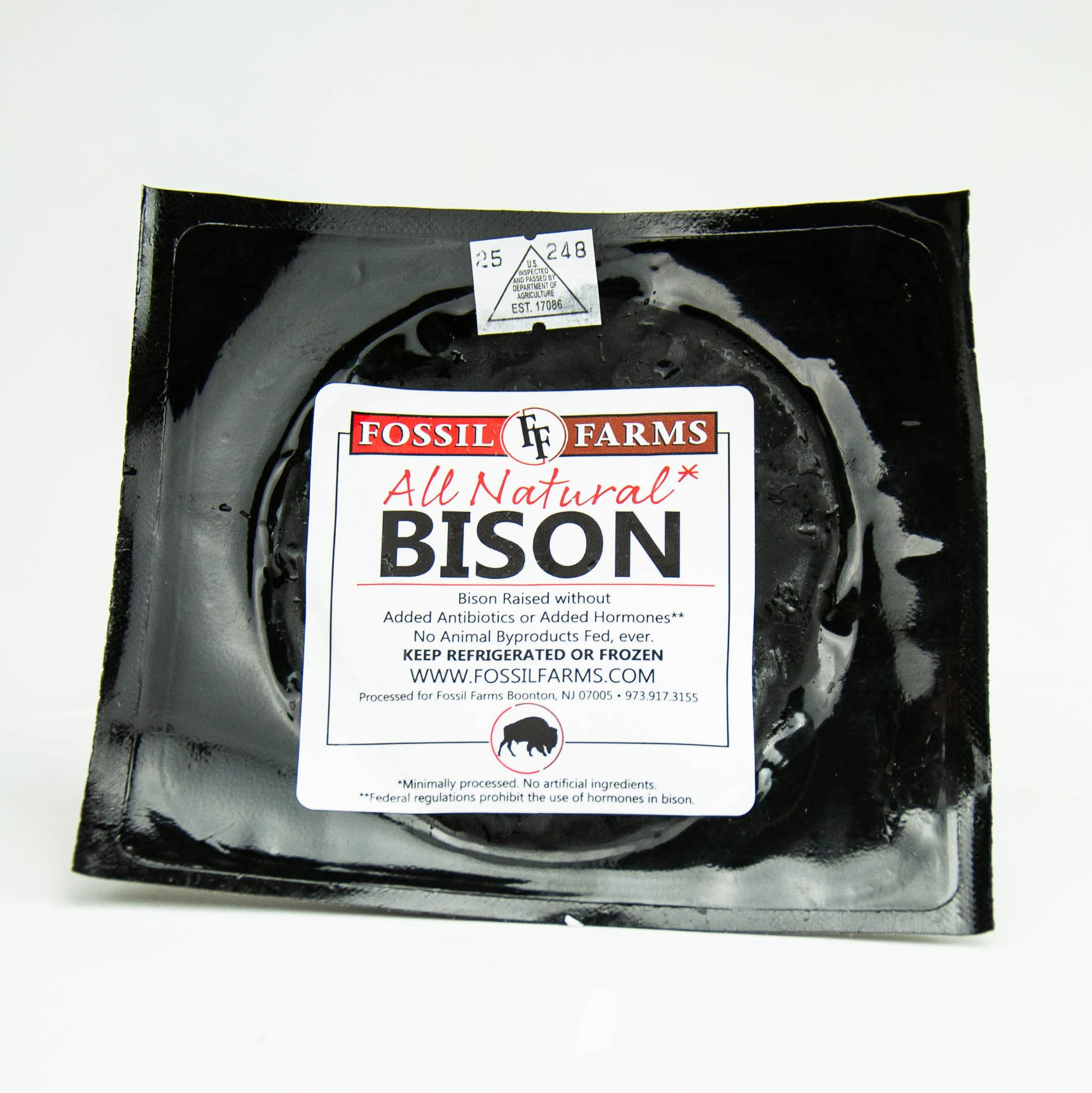 Packaged bison meat from Fossil Farms on a white background