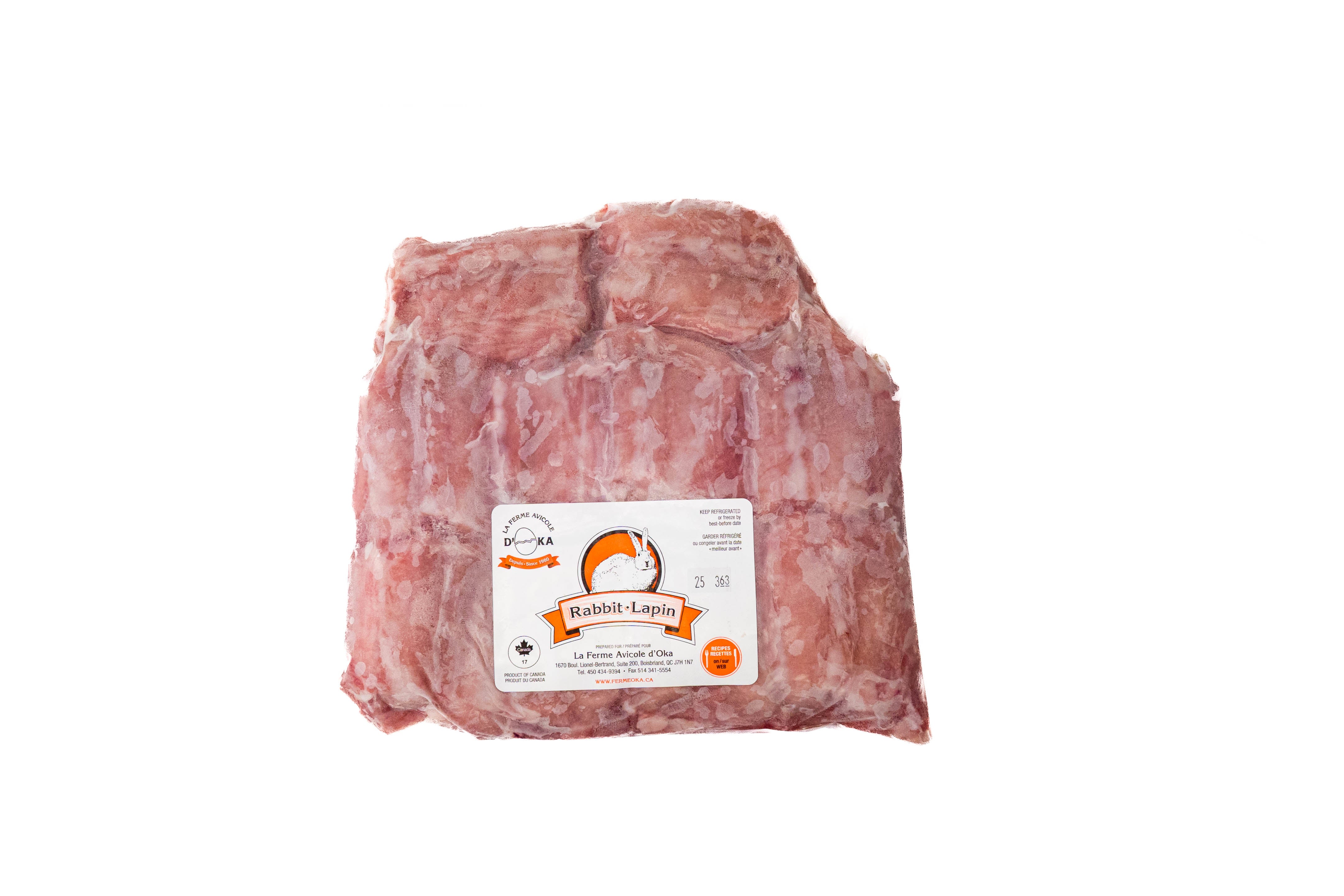 Packaged rabbit loins with a label on a white background