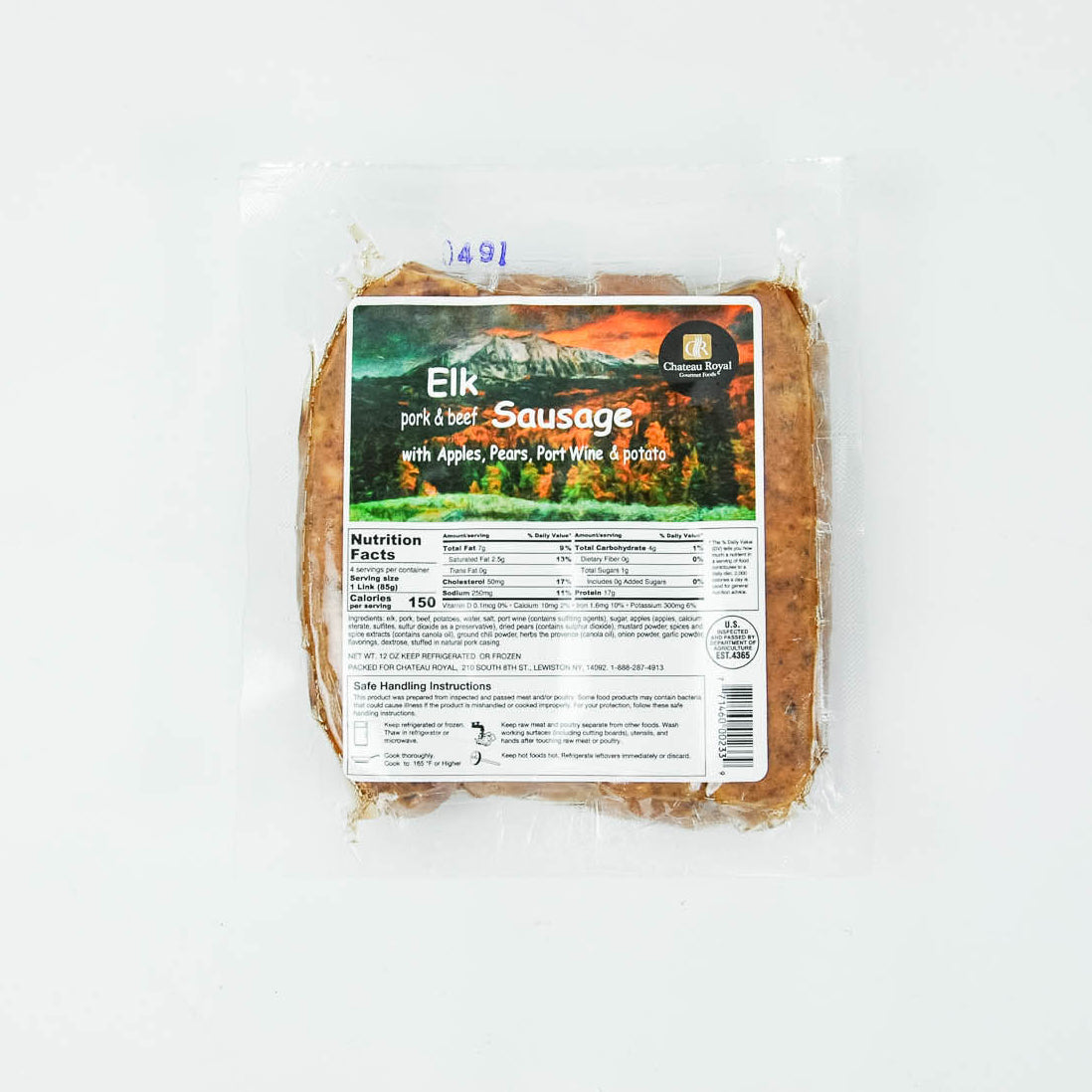 Packaged elk sausage with a label on a white background