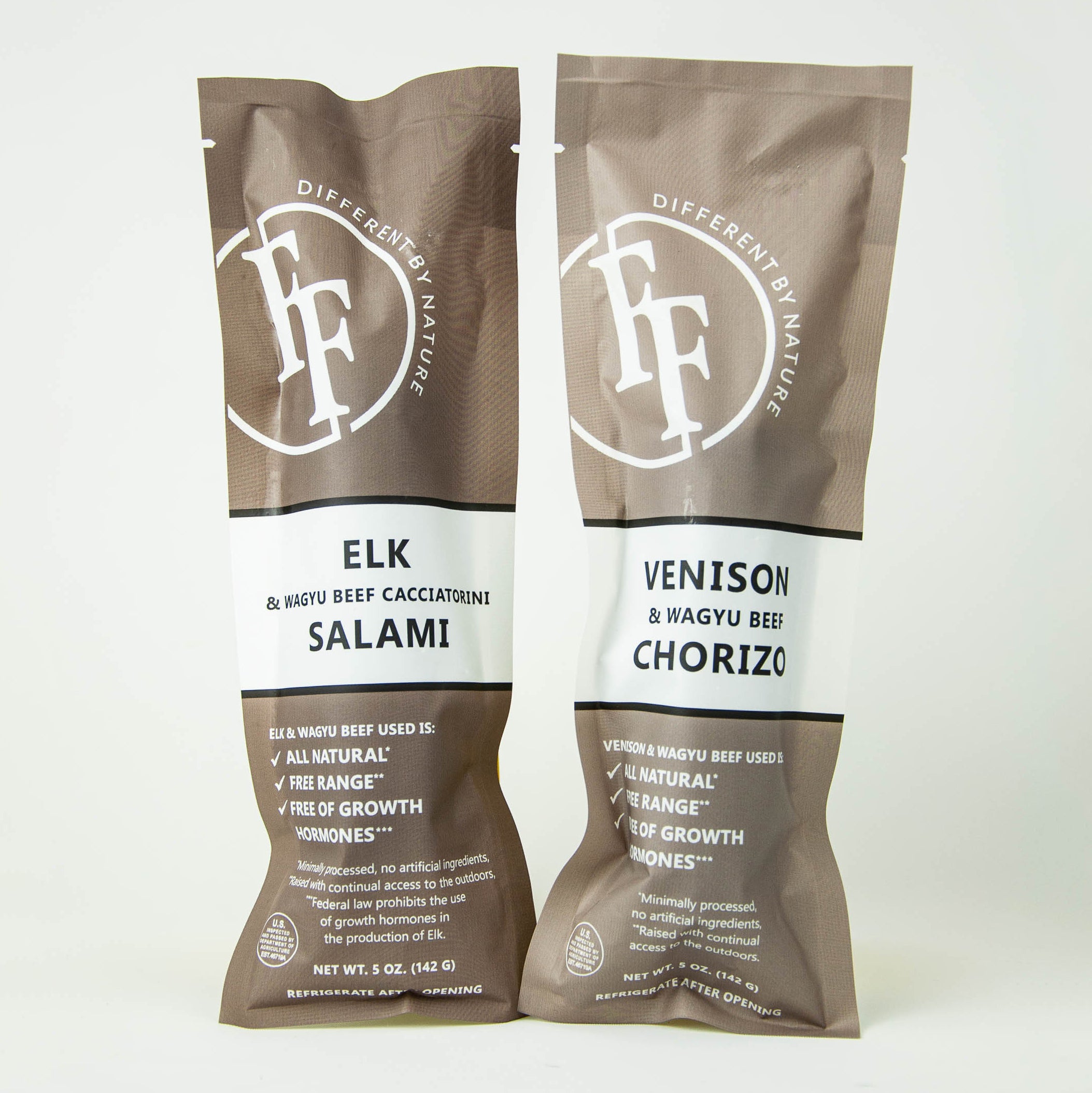 Two packages ofFF brand salami and chorizo on a white background