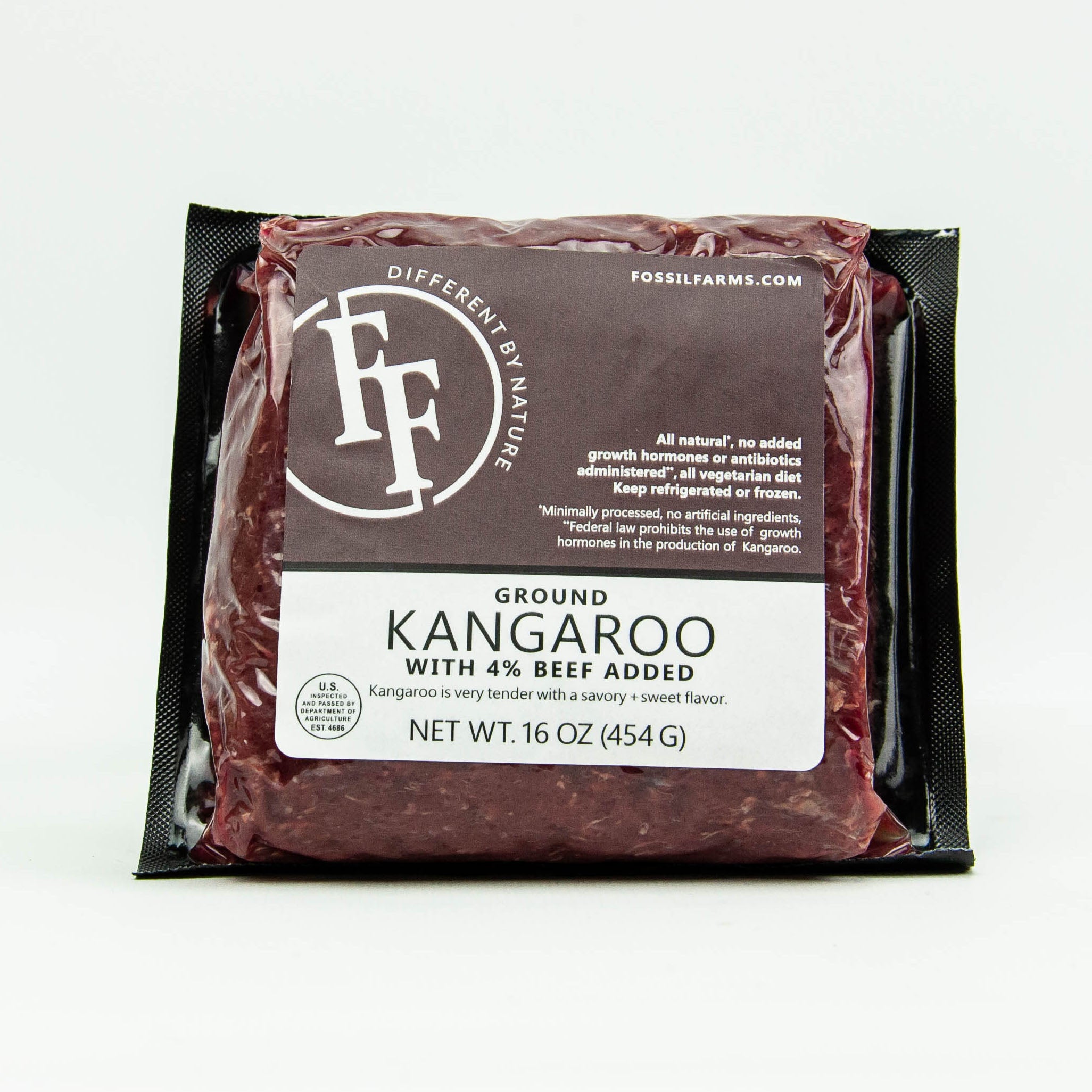 Package of ground kangaroo meat with a visible label on a white background