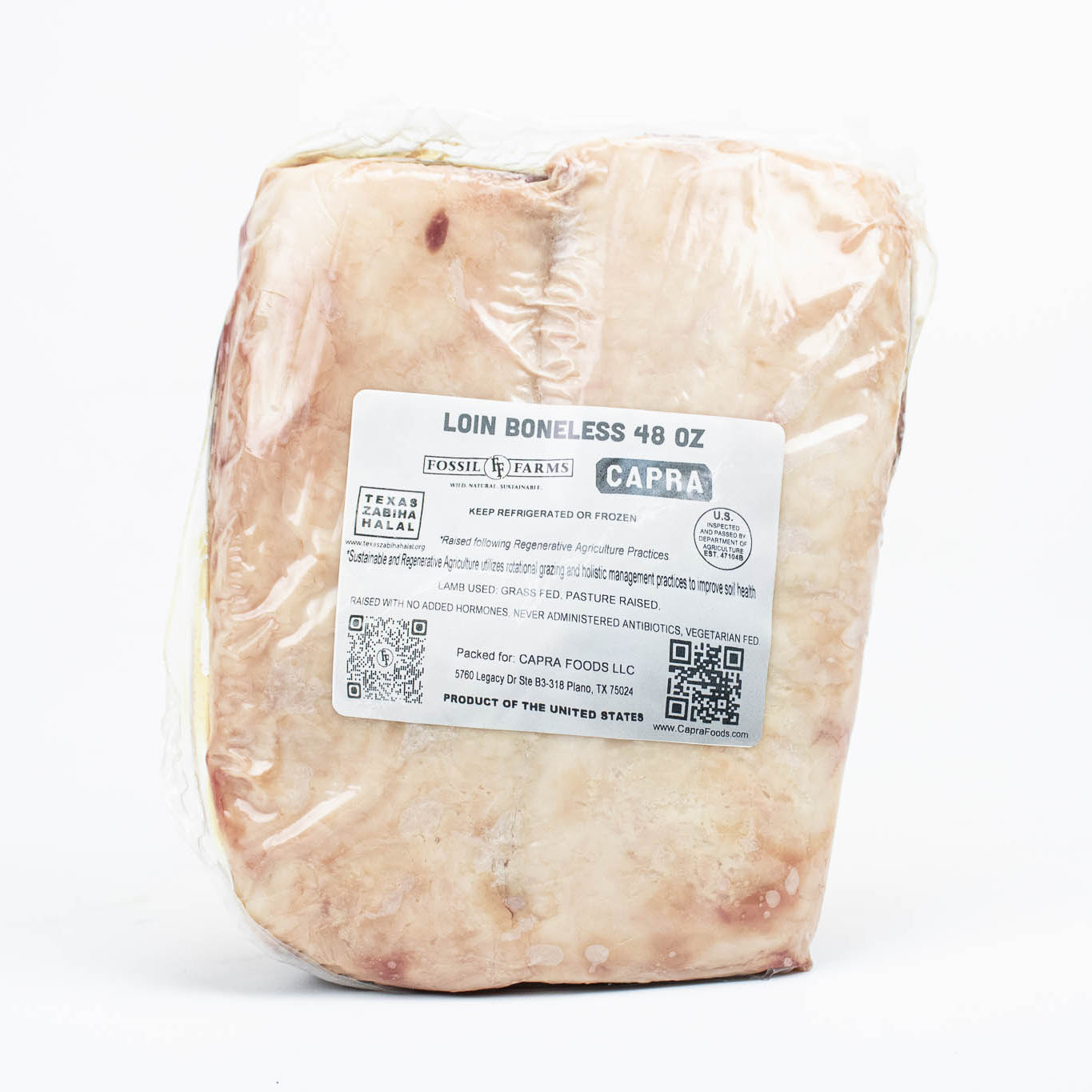 Packaged meat with a label on a white background