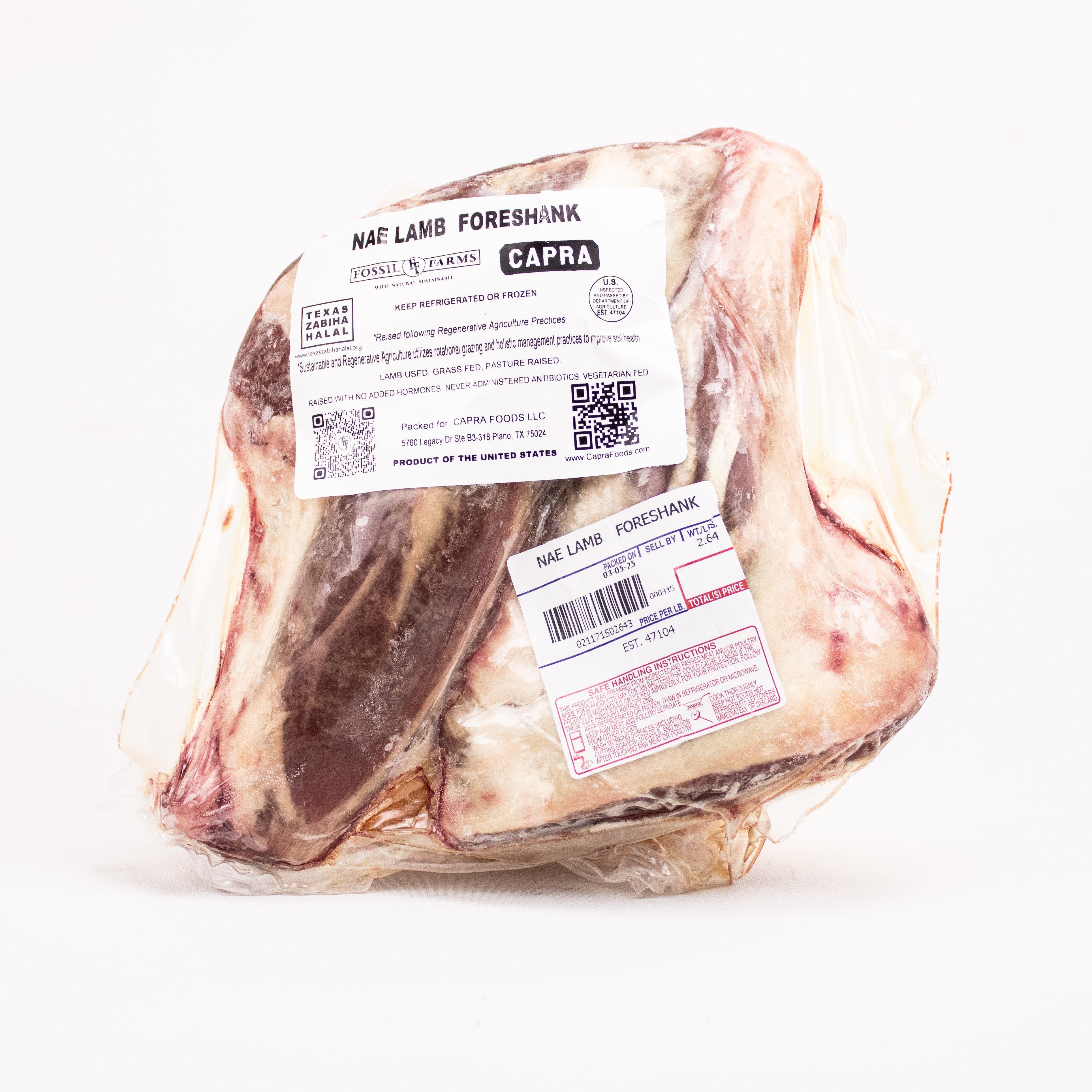 Raw lamb foreshank with labels on a white background