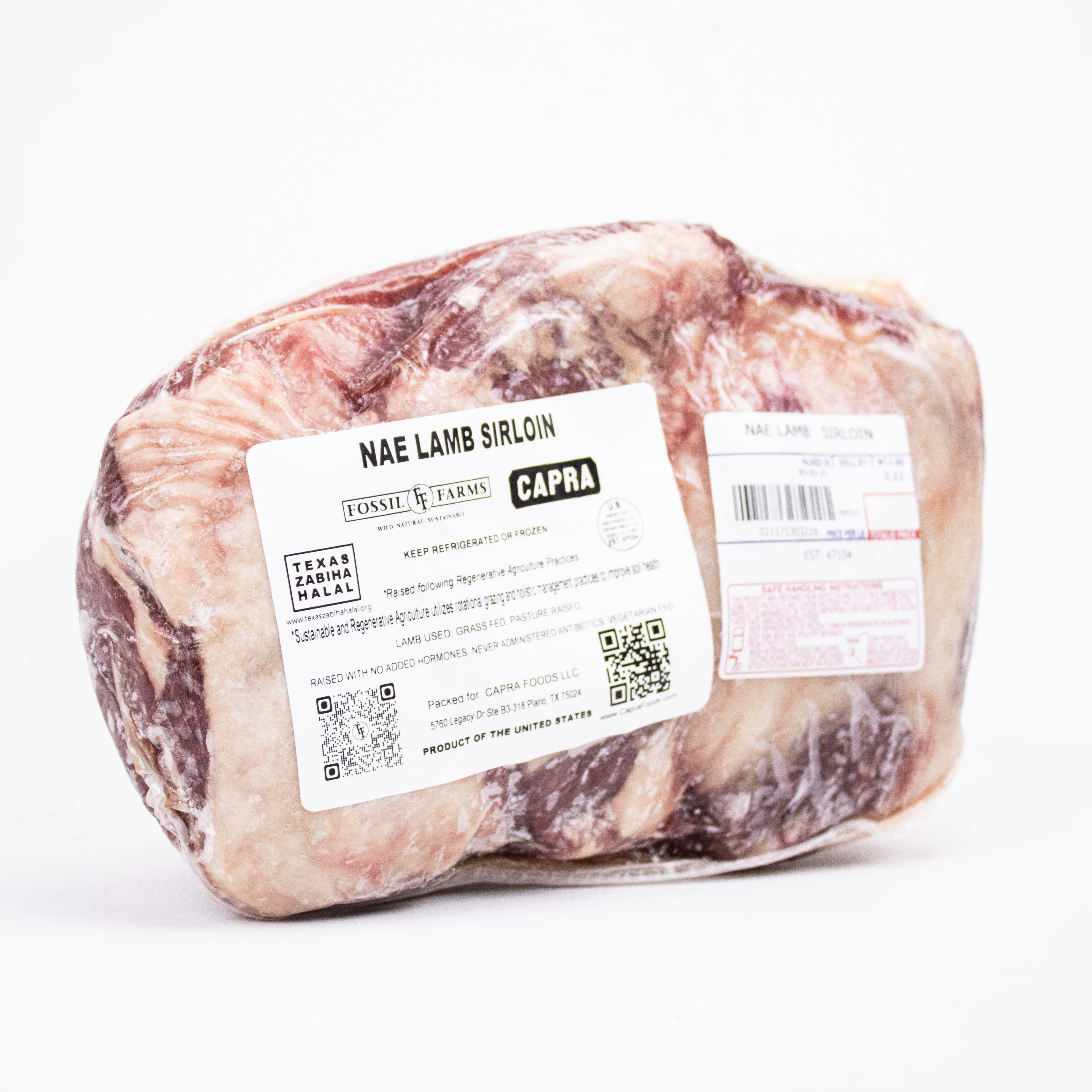 Block of raw lamb sirloin with labels on a white background