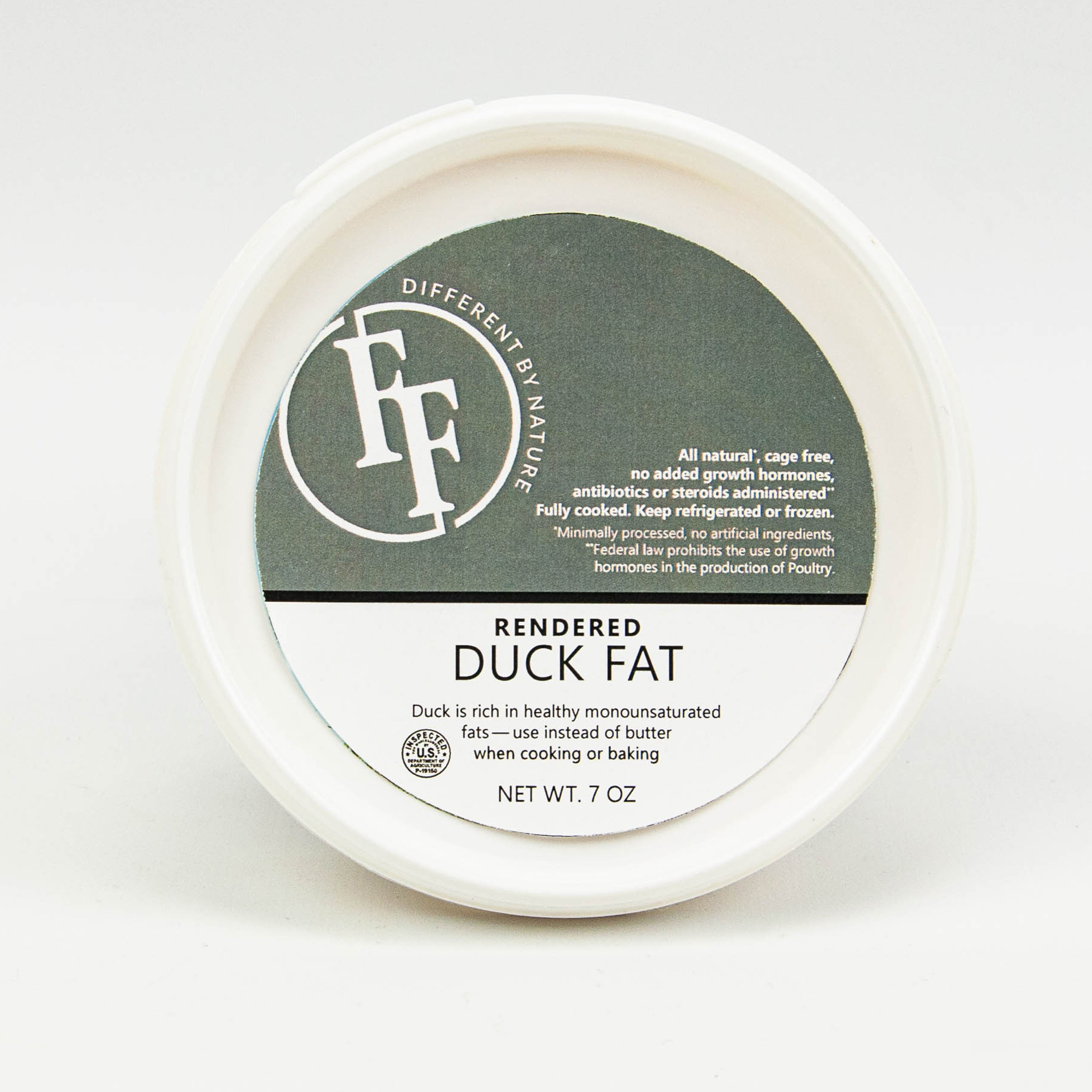 Jar of rendered duck fat with a label on a white background