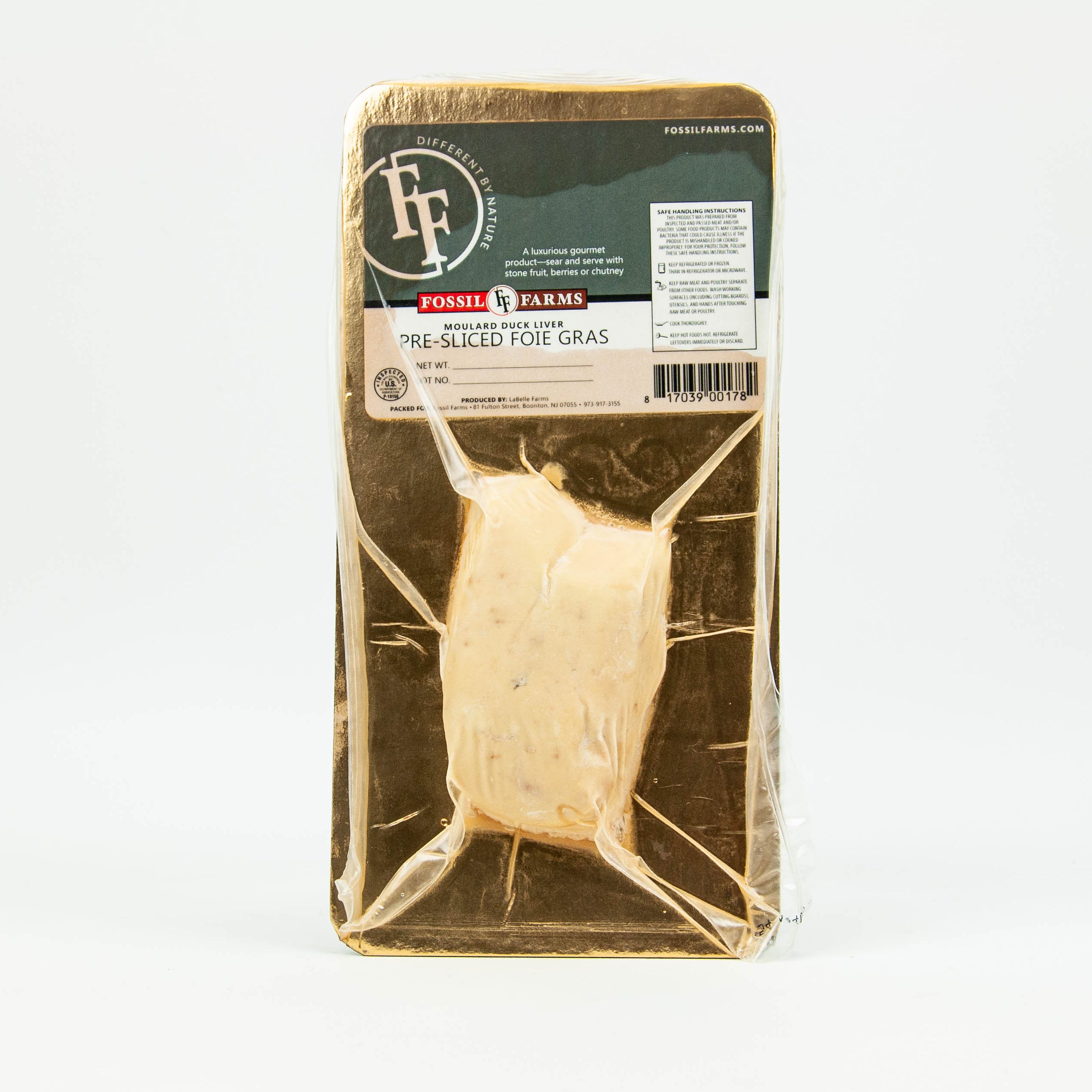 Packaged pre-sliced foie gras with Fossil Farms label on a white background
