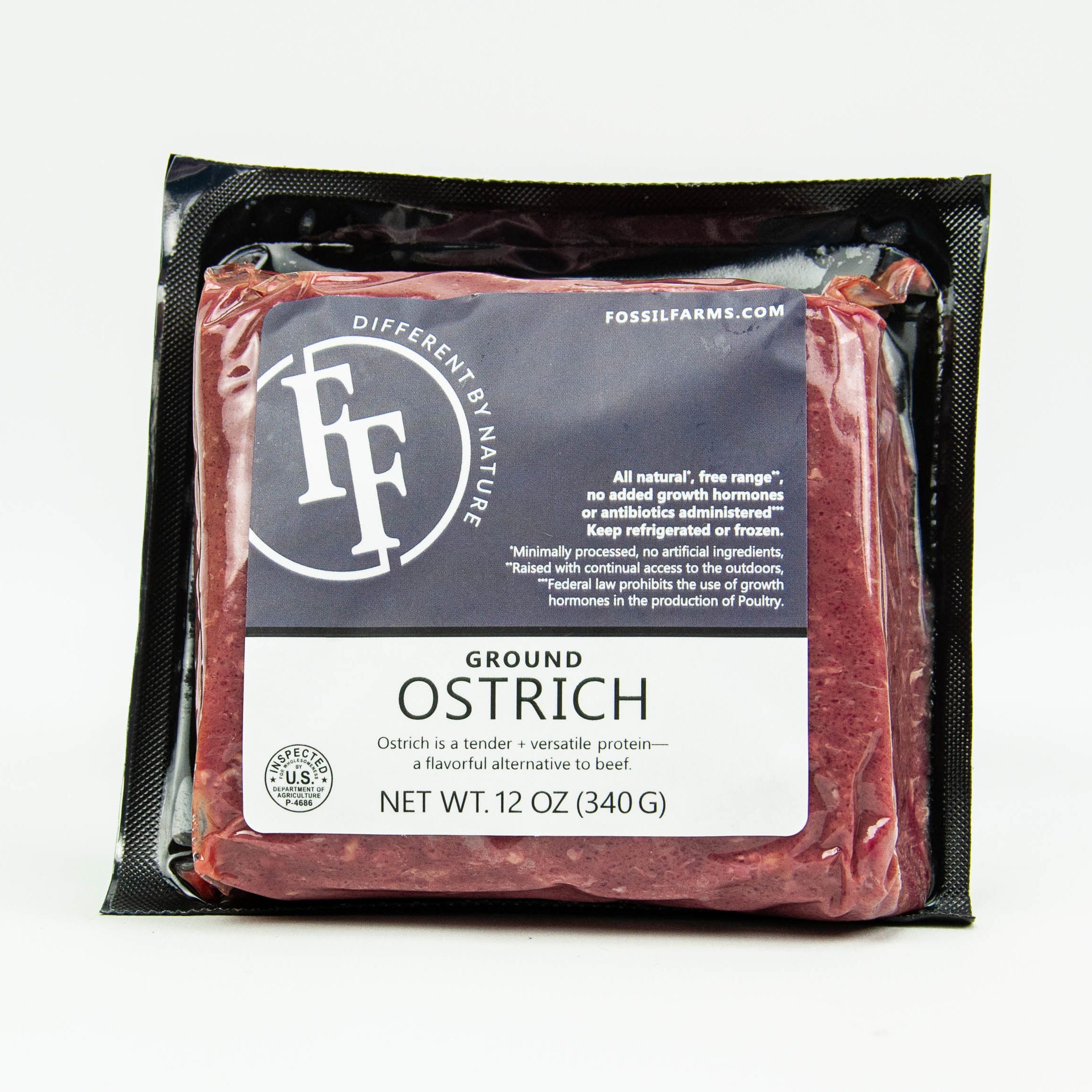 Packaged ground ostrich meat with Fossil Farms label on a white background