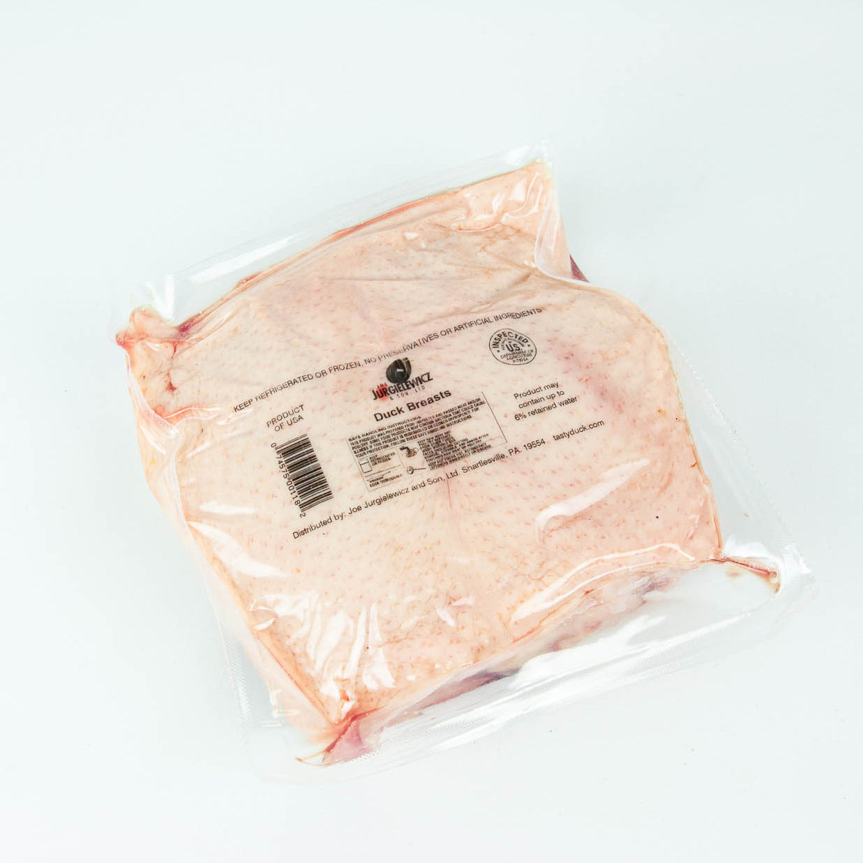 Packaged duck breast on a white background