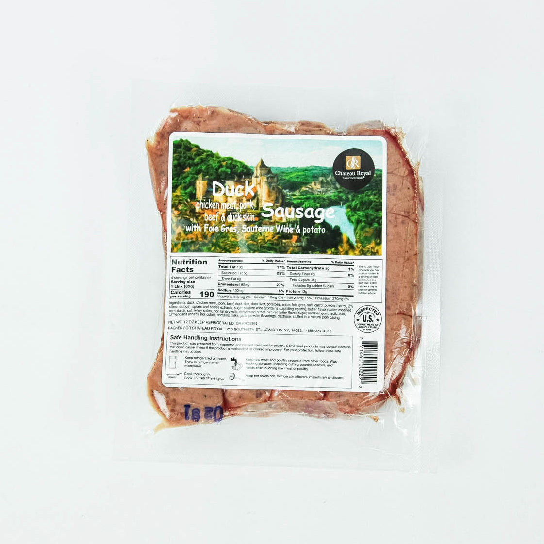 Packaged duck sausage with a label on a white background