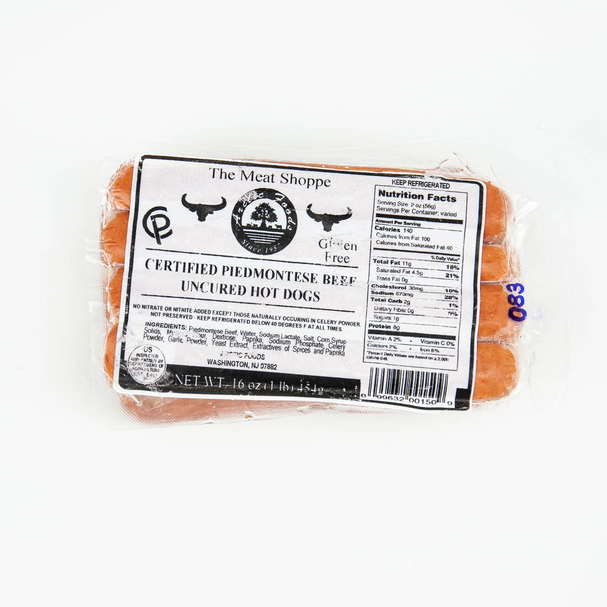 Packaged hot dogs with a label on a white background