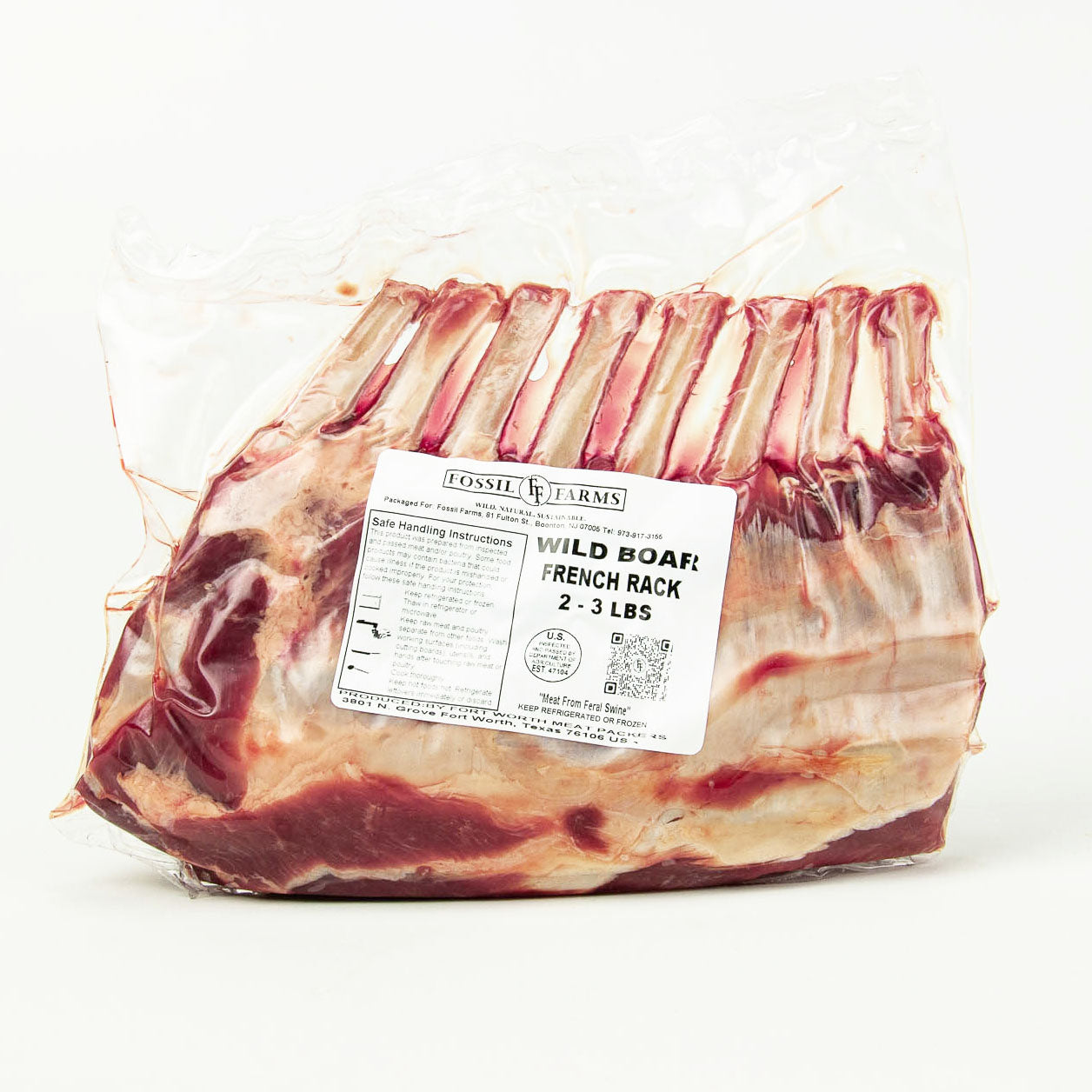 Packaged wild boar French rack with a label on a white background