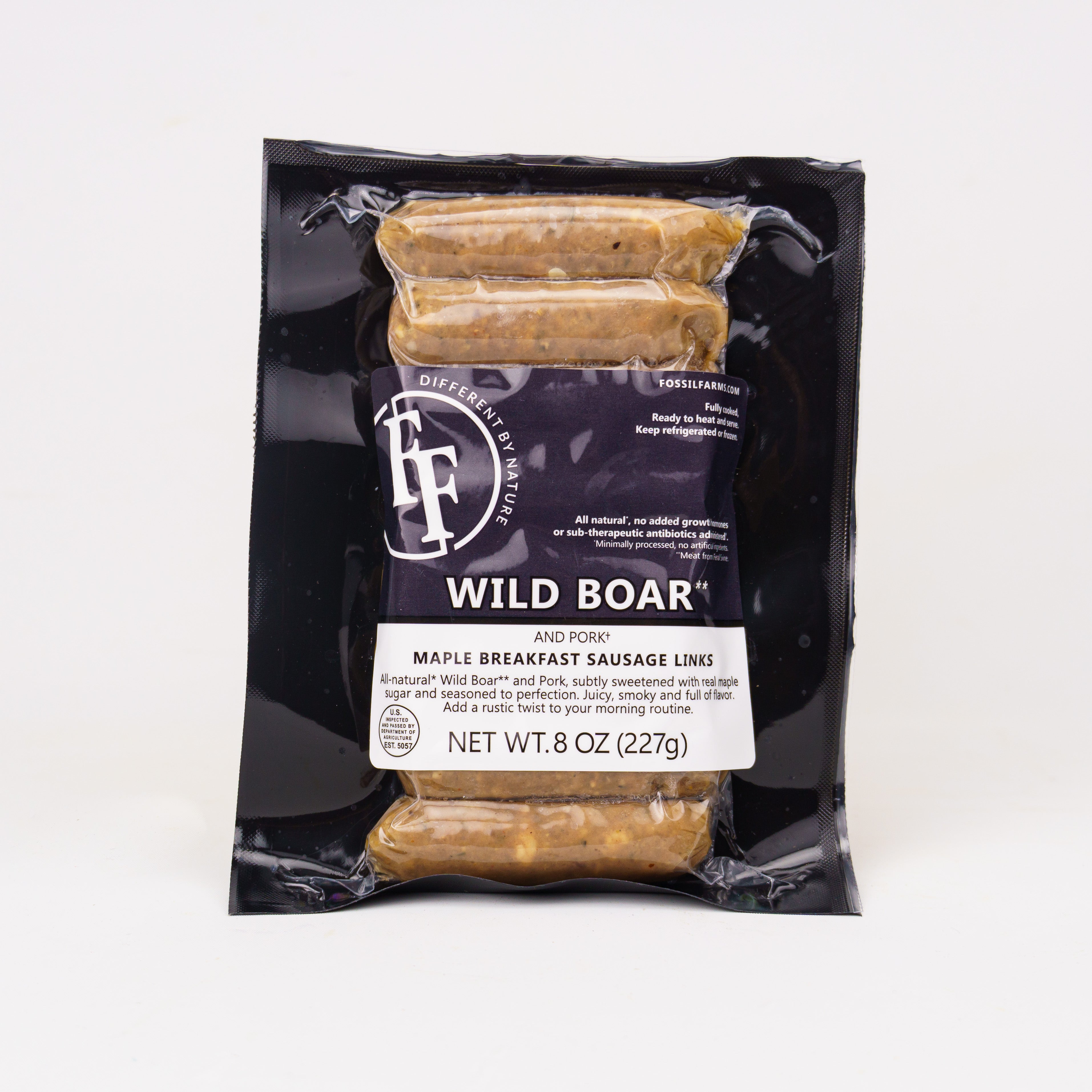 Packaged Wild Boar Maple Breakfast Sausage Links with a visible brand label on a white background
