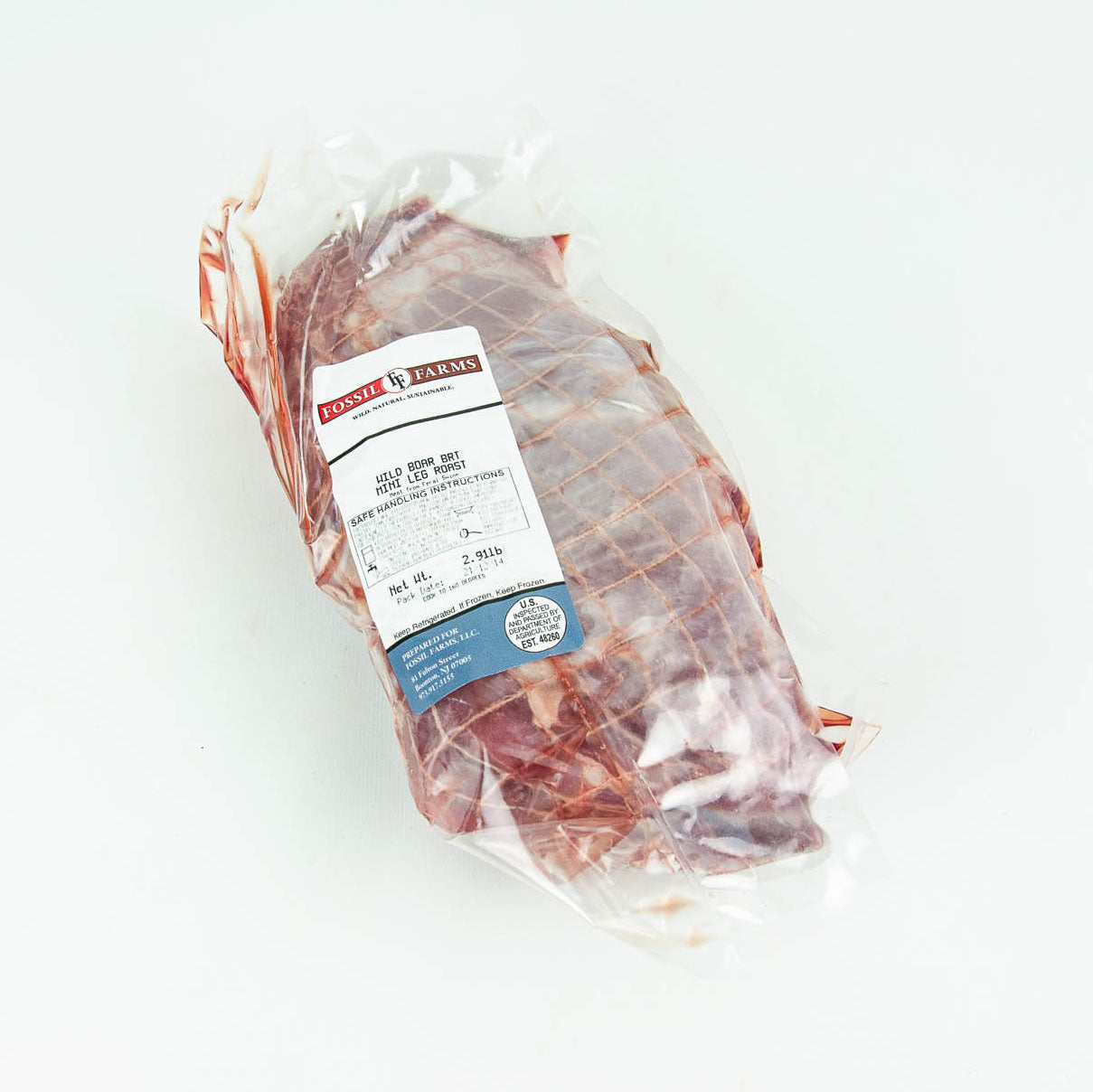 Packaged meat with a label on a white background