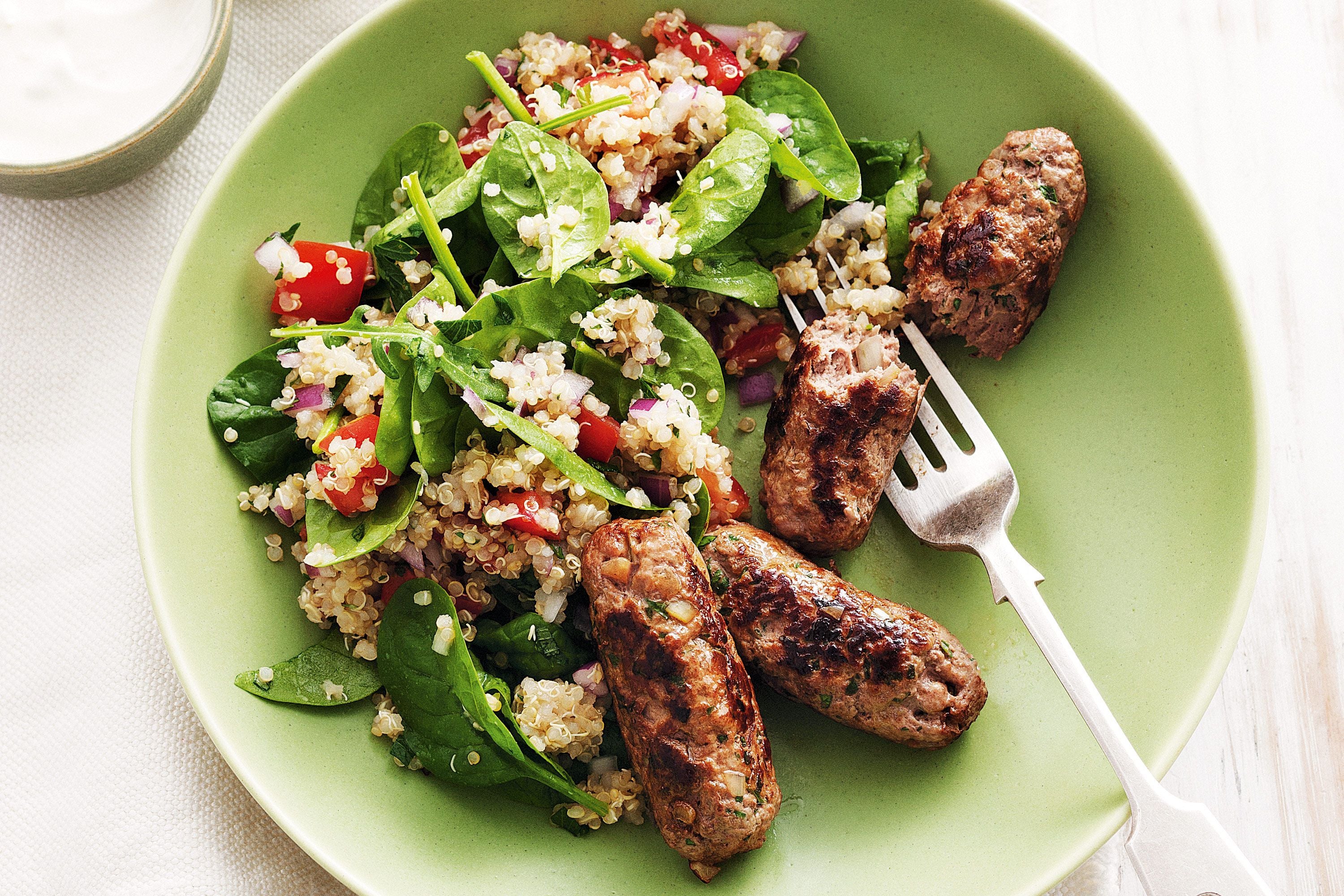 antelope kofta with spinach bulgur salad