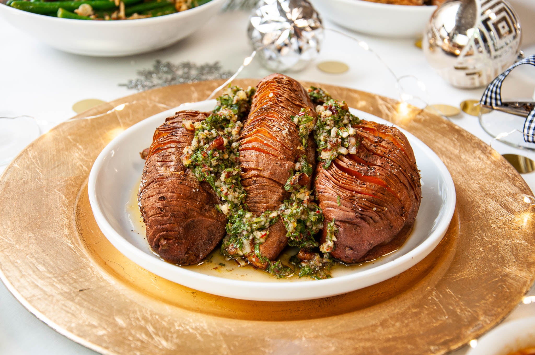 Hasselback Sweet Potatoes with Pecan Gremolata & Brown Butter