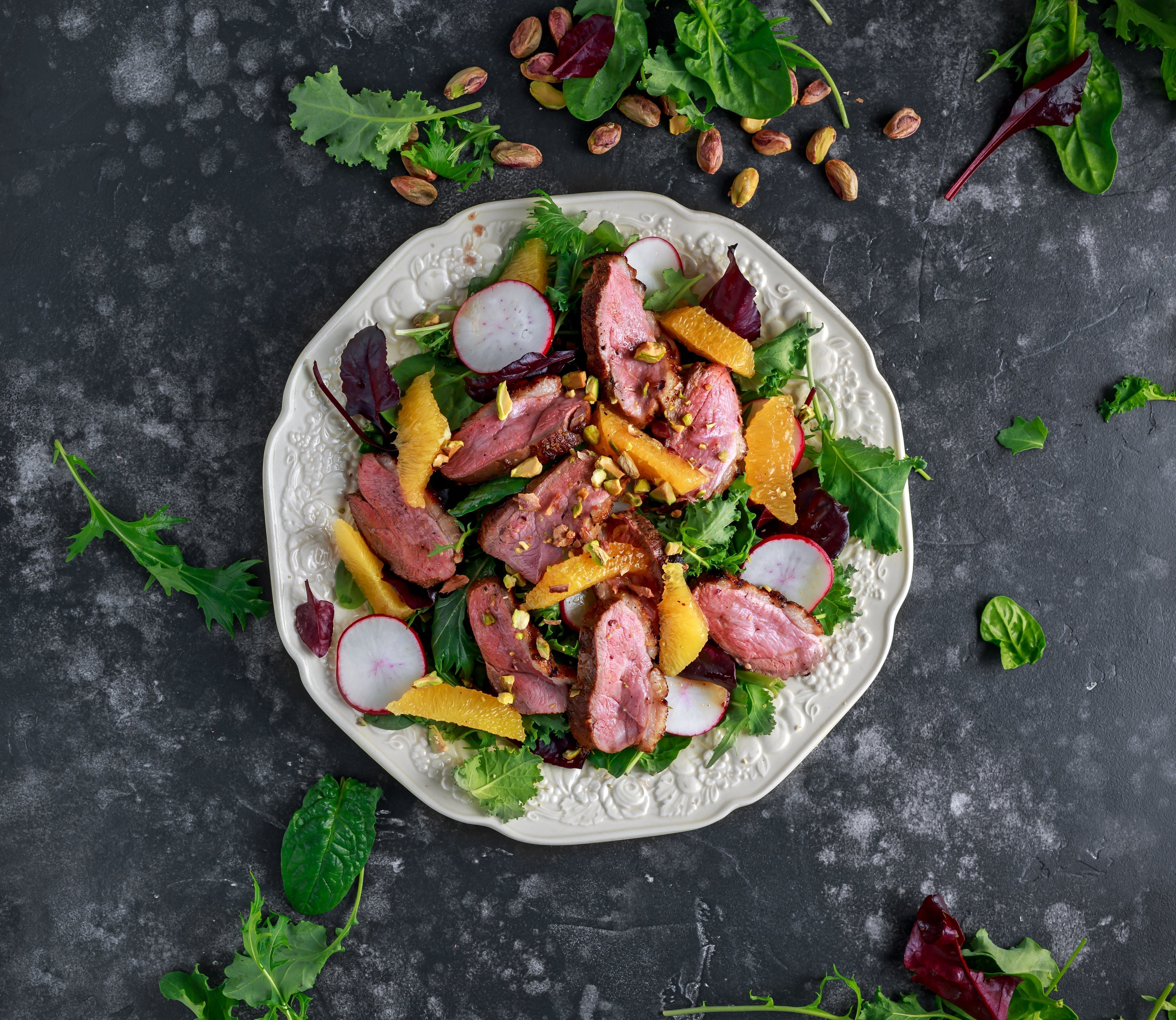 Crispy Orvia Duck Breast Salad with Spring Mix, Orange & Pistachios