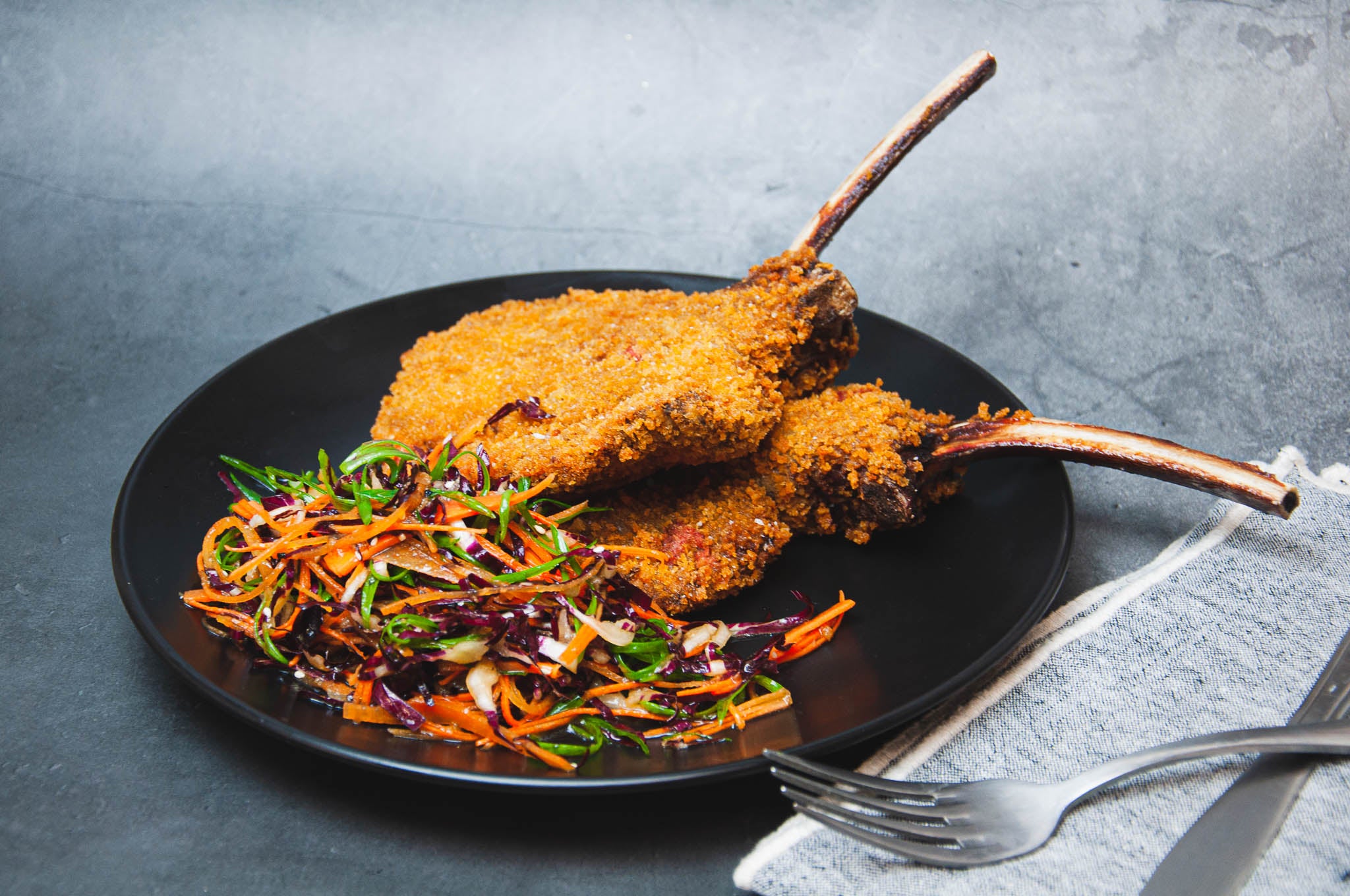 Elk Rib Chop Tonkatsu and Asian Slaw