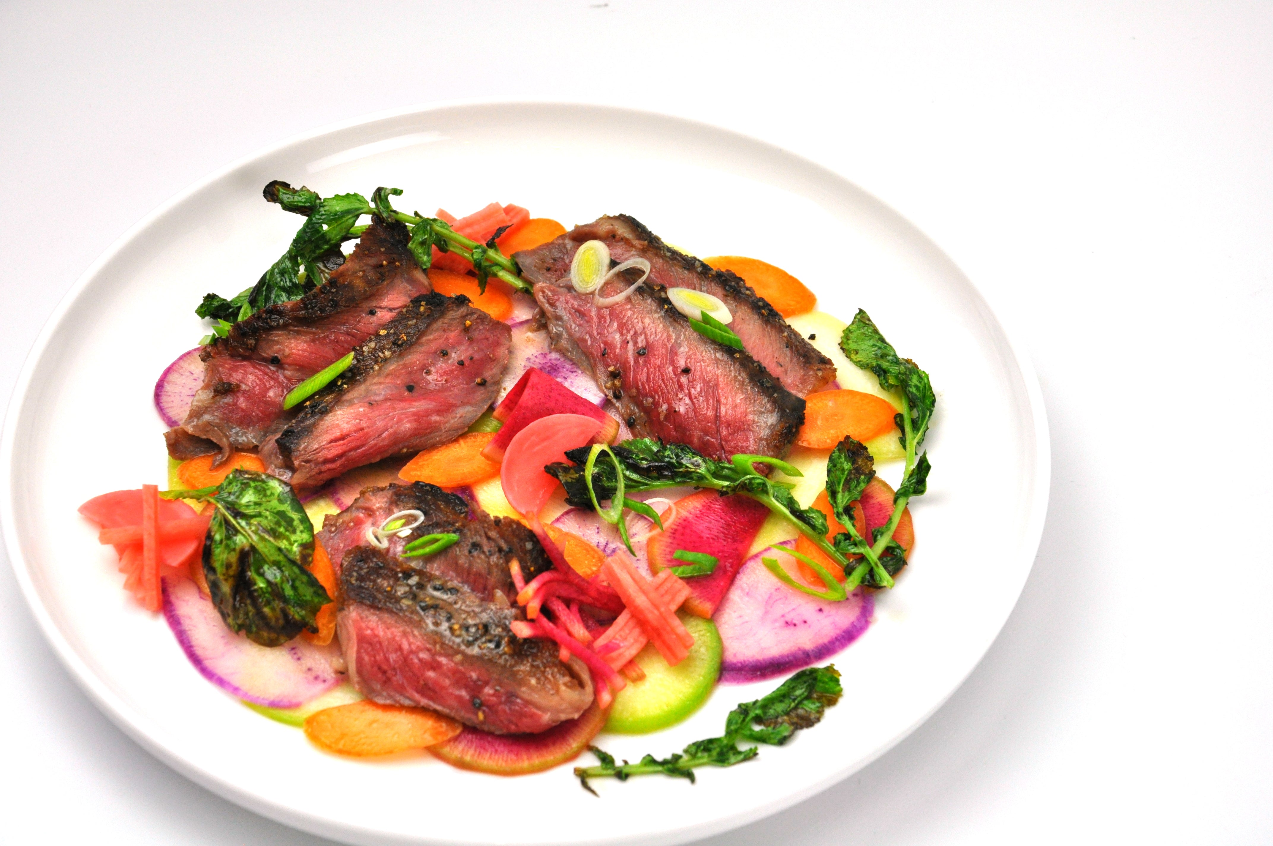 Grilled Domestic Wagyu with Pickled Rainbow Radish Salad