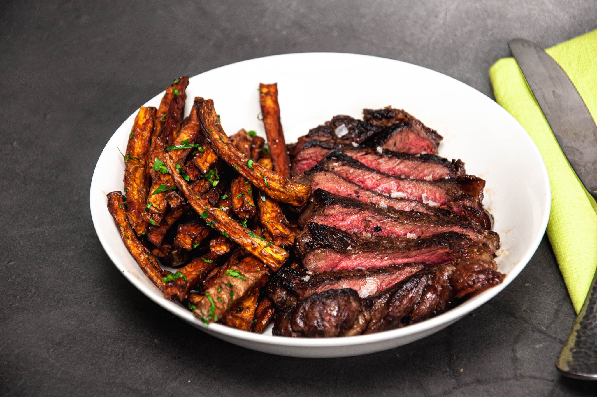 Lemon Garlic Yak Steak with Parsley Sweet Potato Frites