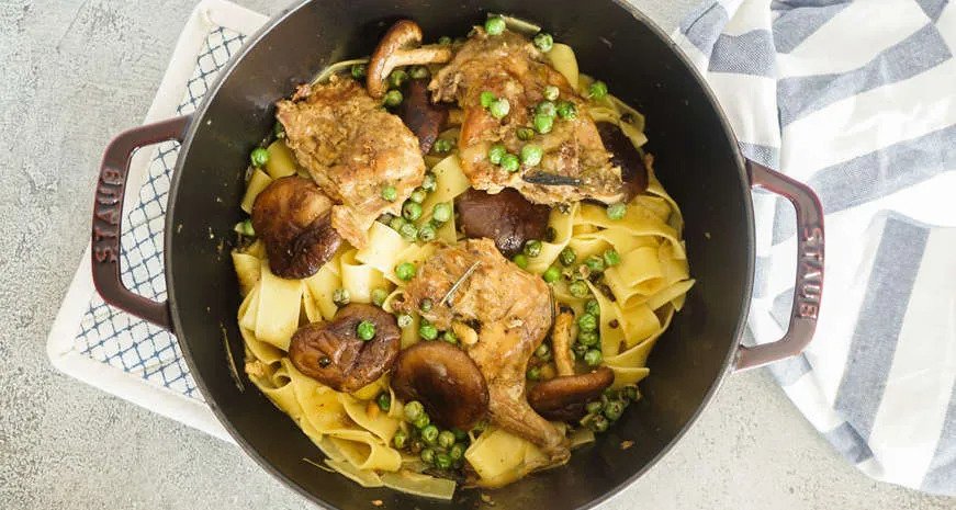 Braised Rabbit Pasta with Wild Mushrooms and Leek