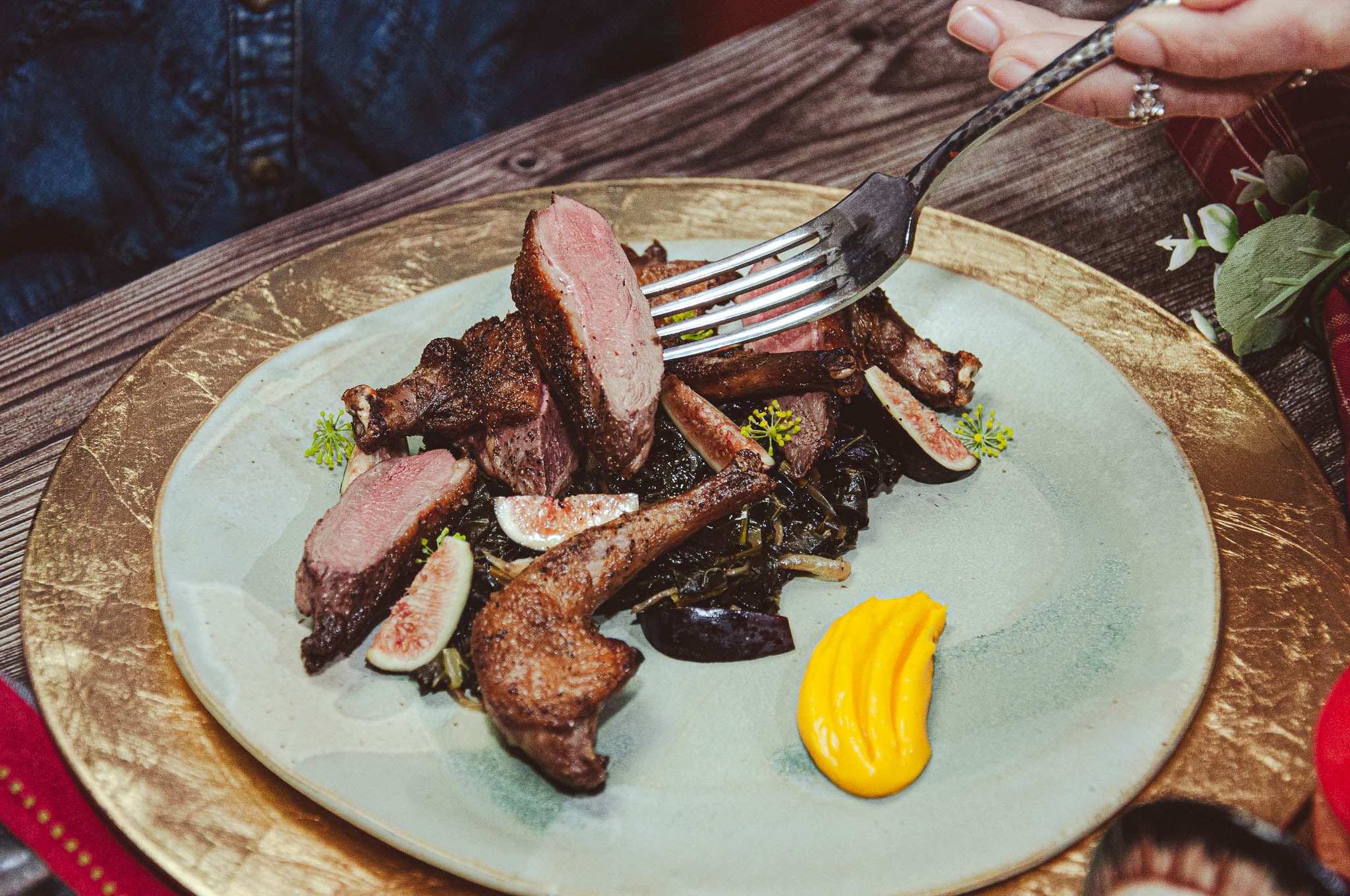 Pan Seared Squab with Braised Greens,  Butternut Squash Purée & Figs