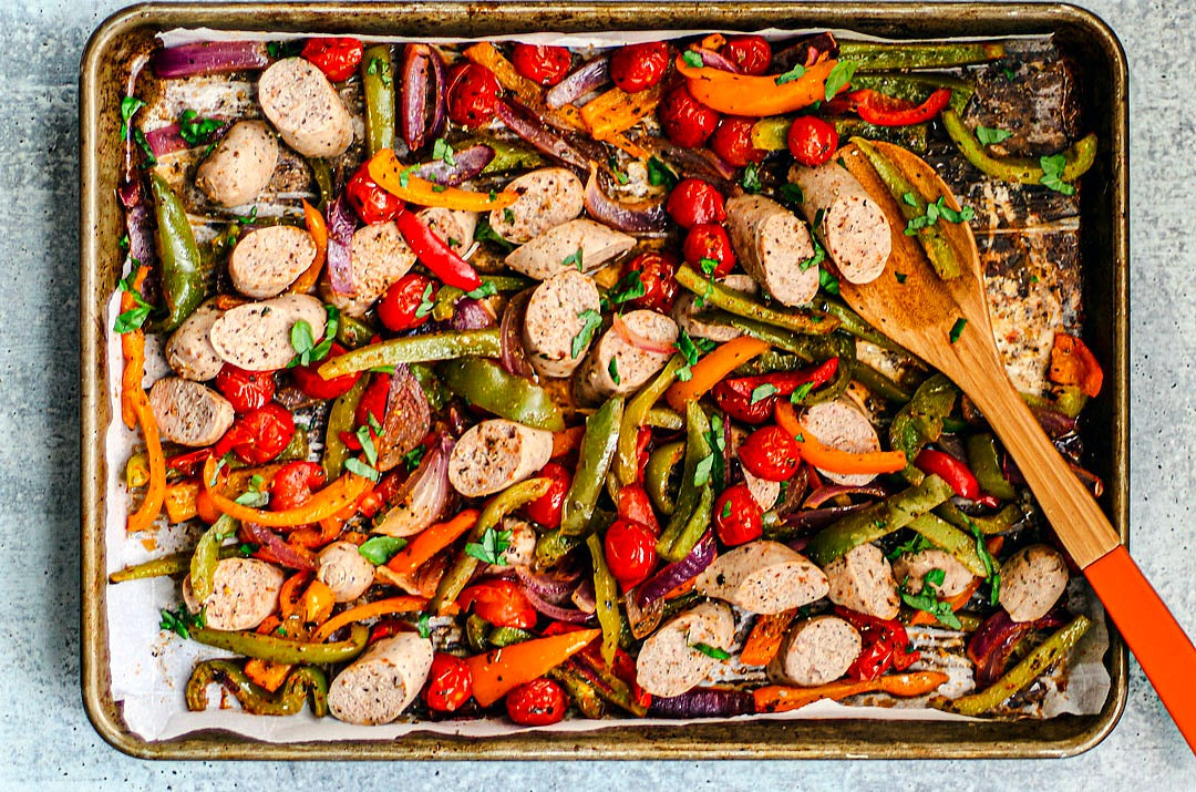 Sheet Pan Rabbit Sausage with Fennel, Peppers, Castelvetrano Olives and Shallot-Herb Mustard