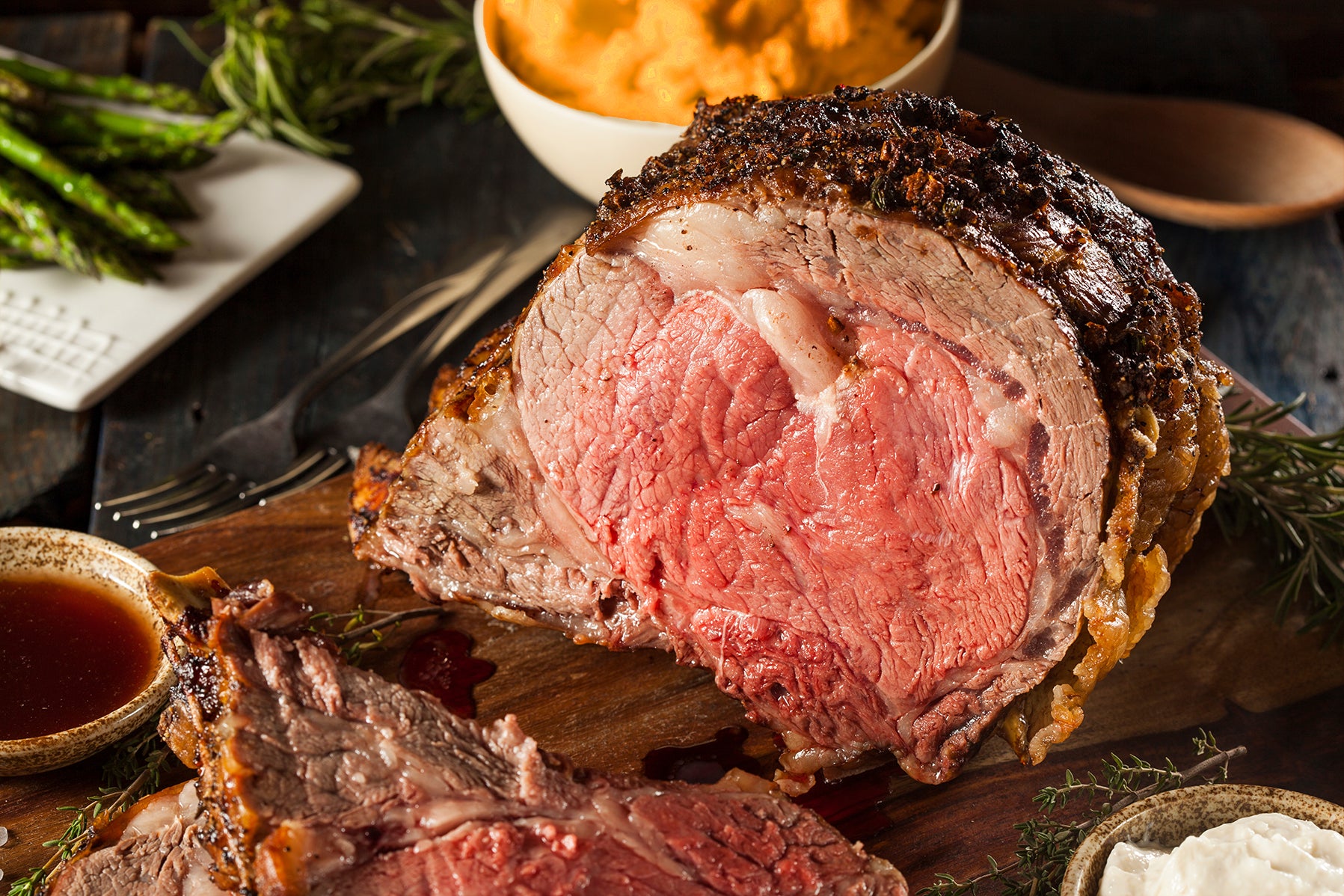 Slow-Roasted Garlic and Herb Prime Rib with Carrot Mash