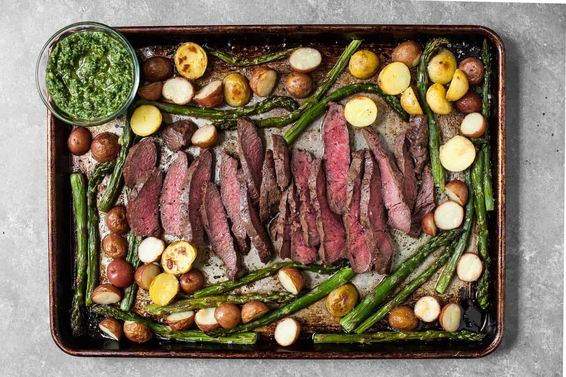 Grilled Venison Flank Steak with Garlic Roasted Potatoes, Asparagus & Pesto