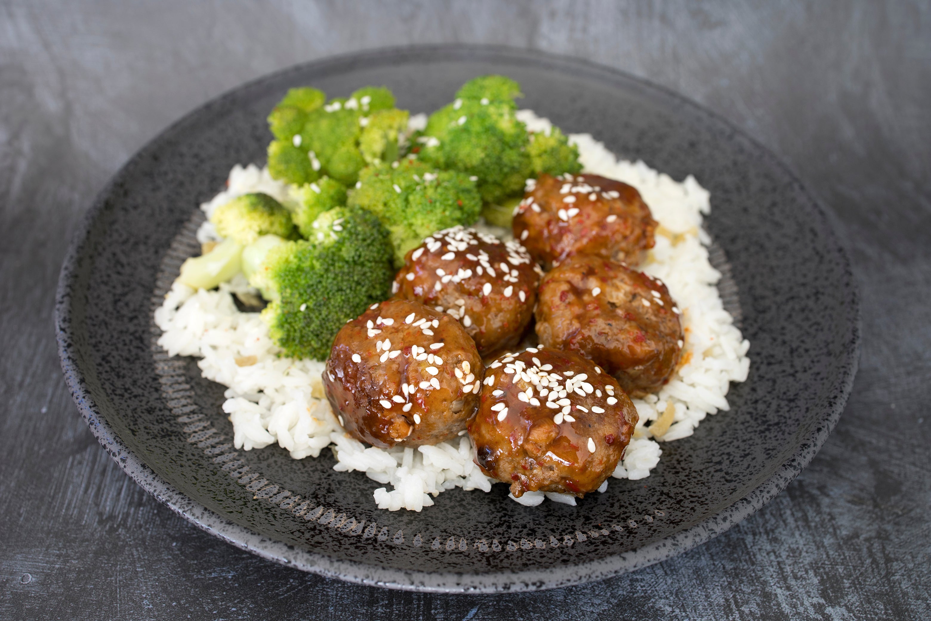 Venison Hot Honey Meatball Bowl with Rice and Broccoli