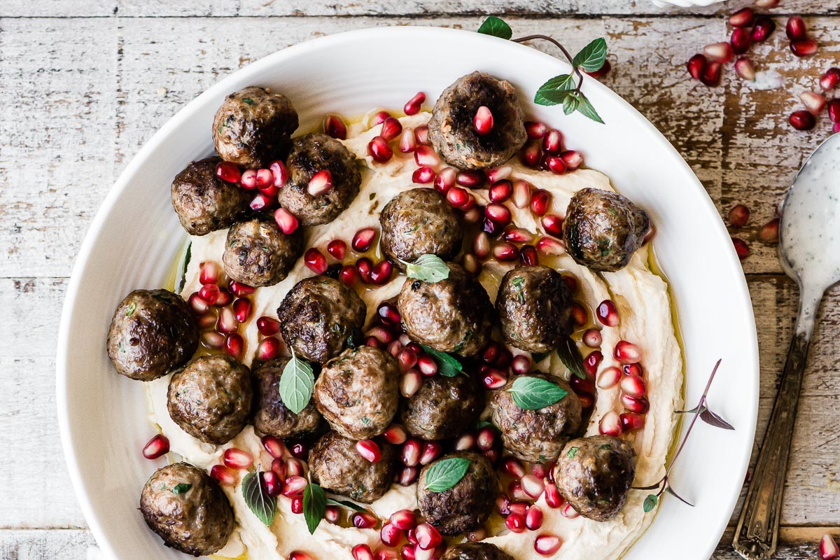 Wild Boar Pomegranate Saffron Meatballs with Hummus
