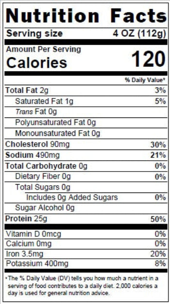 Nutrition facts label for a food product with serving size, calories, and various nutritional values.