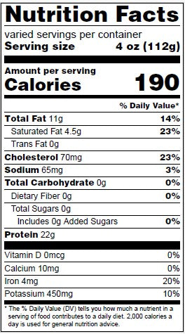 A Nutrition Facts label showing a daily value table with serving size 4 oz (112g) and 190 calories per serving. The label includes nutrients such as total fat, saturated fat, trans fat, cholesterol, sodium, total carbohydrate, dietary fiber, protein, vitamin D, calcium, iron, and potassium.