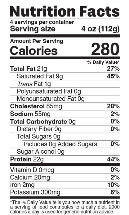 Nutrition facts label for a food product with serving size, calories, and detailed nutritional information.