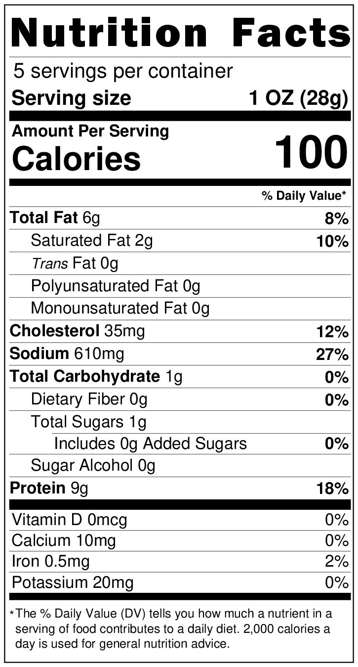 NUTRITIONAL LABEL FOR WILD BOAR BACON SALAMI 