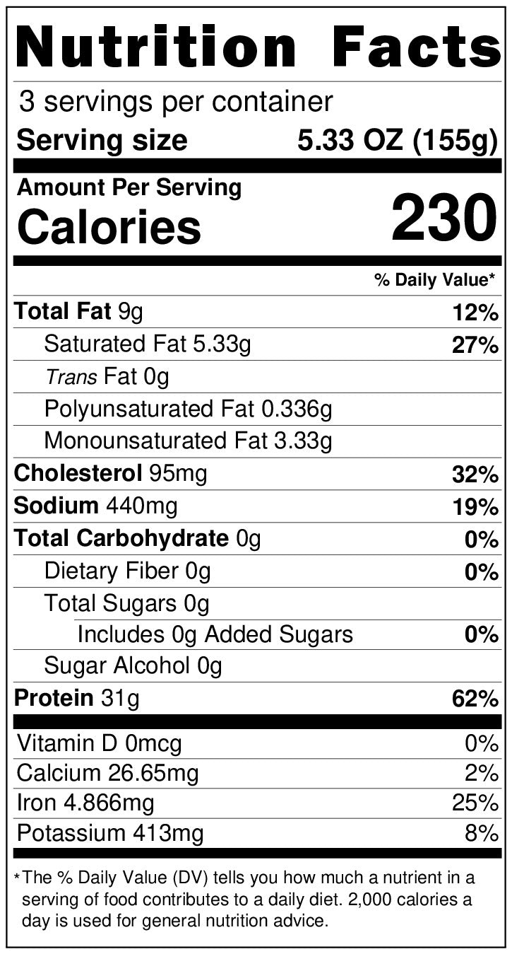 NUTRITIONAL LABEL FOR VENISON FRENCH ONION BURGER 
