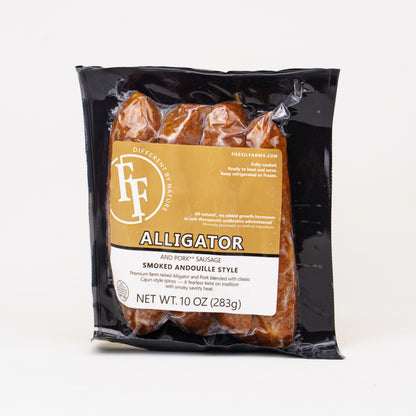 Package of F&F Alligator Smoked Andouille Style Sausage on a white background
