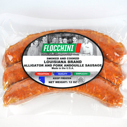 Packaged Flocchini Louisiana Brand alligator and pork andouille sausage with a label on a white background.