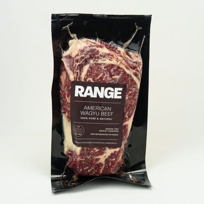 Packaged American Wagyu beef with 'Range' branding on a white background