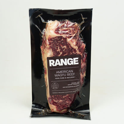 Packaged American Wagyu beef with 'Range' branding on a white background