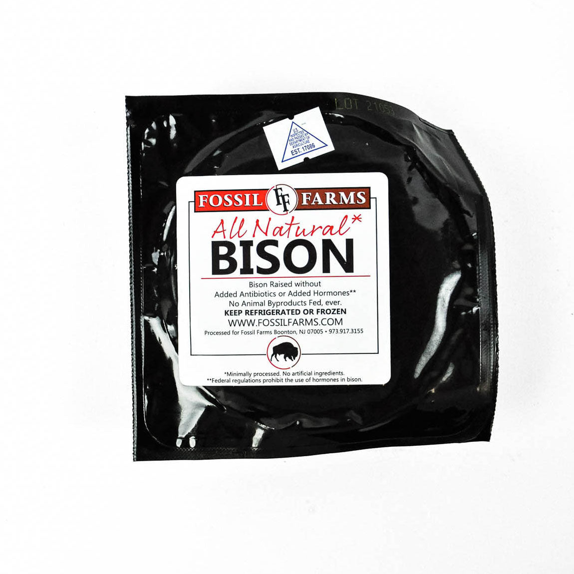 Packaged all natural bison product from Fossil Farms with a black background